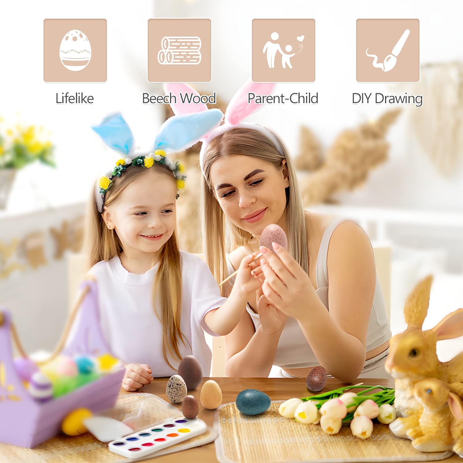 OESSUF Wooden Fake Eggs Easter Eggs Play Eggs for Toddlers Pretend Wood Egg Decor for Play Kitchen Artificial Decorative Eggs for Crafts Toy Food (12PCs)