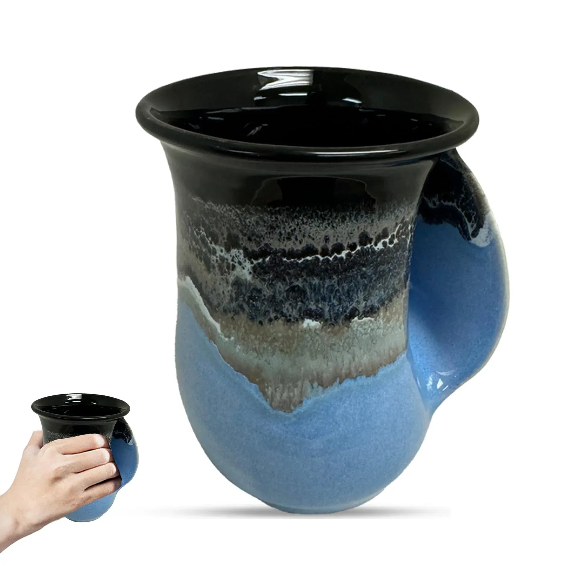 Clay in Motion Hand Warmer Coffee Mug – Handmade Coffee Mug With Comfortable Handle Contoured Pocket Hand Warming Ceramic Coffee Mug – Proudly Made in USA – Right Handed – 14 Oz - Island Oasis - Handmade Lifestyle Shop