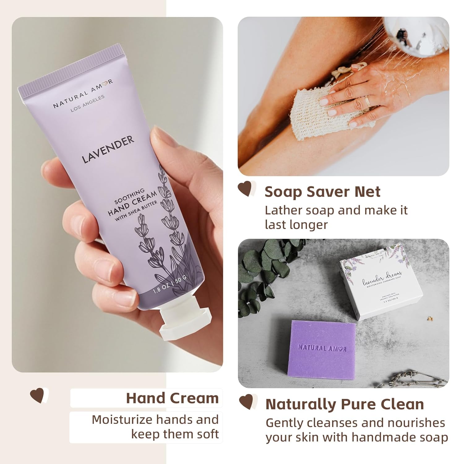 Natural Amor Handmade Spa Gift Set 6 pcs– Includes Citrus Bath Bomb, Lavender Hand Cream, Soap, Bath Salt, Candle – Relaxing Self-Care Kit for Women