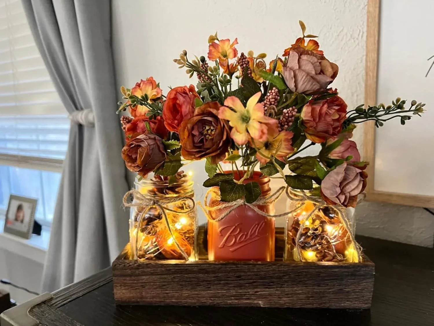 3 Pcs Mason Jar Centerpiece Table Decorations for Dining Table Decor Farmhouse Coffee Table Decor with Wood Tray and Led Light Table Centerpieces for Dining room Kitchen Living Bathroom,Orange - Handmade Lifestyle Shop