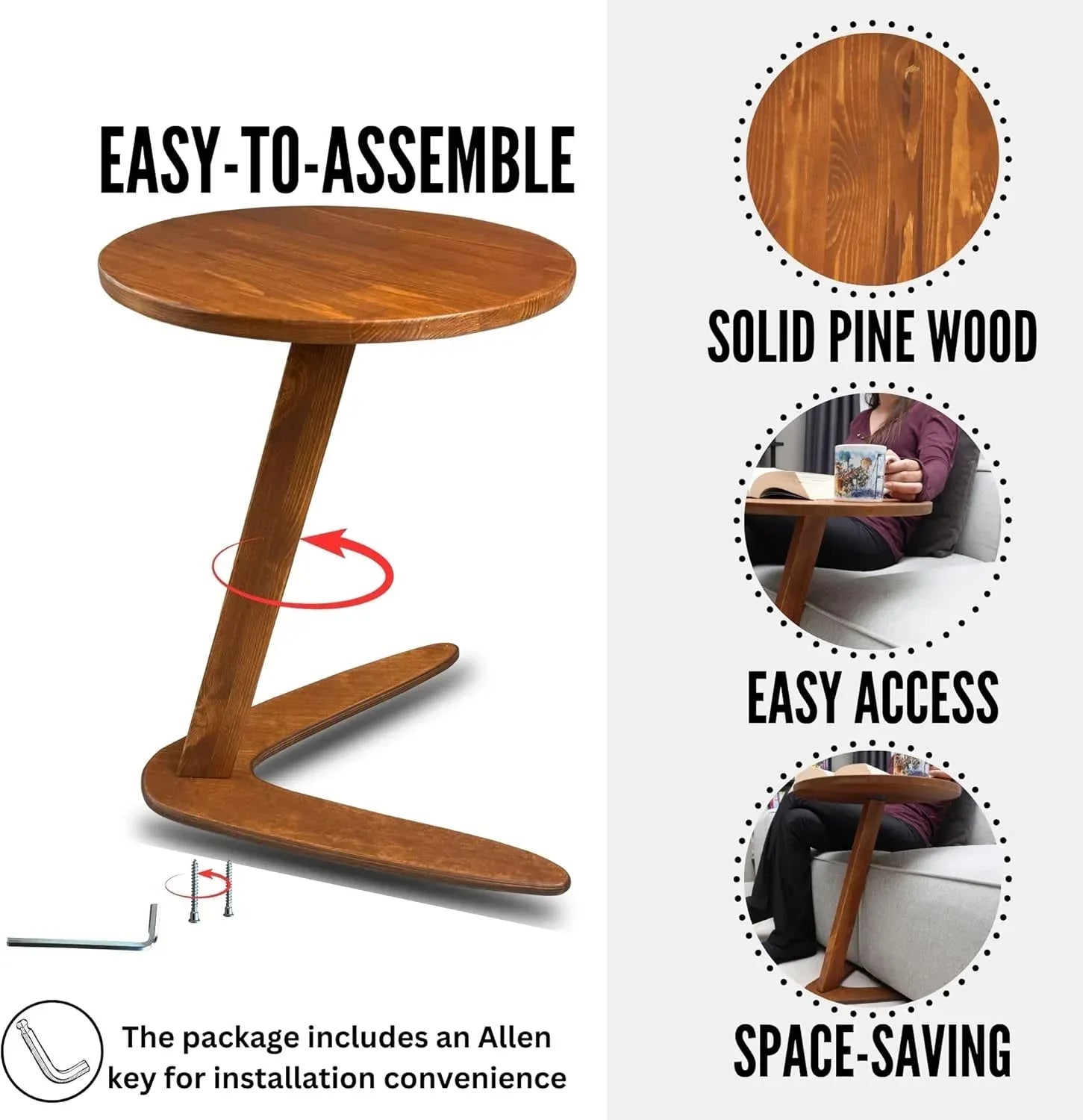 C-Shaped Handmade Solid Wood End Table, Side Table for Couches, Sofa Tables Slide Under Couch for Living Room, Over Couch TV Tray Table for Small Spaces (Medium, Chestnut) - Handmade Lifestyle Shop