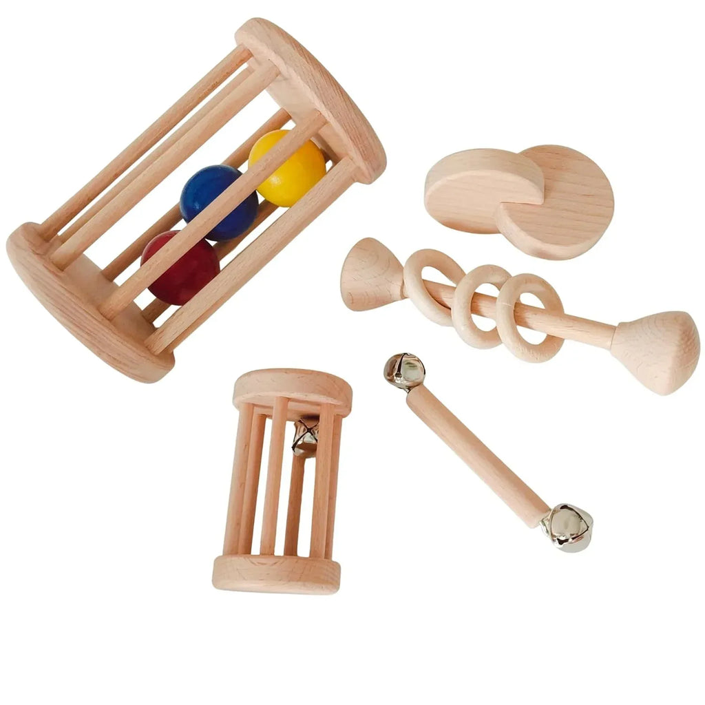 Montessori Wooden Baby Toy Set – Natural Beech Wood Sensory Toys for Infants (0–12 Months) | Rolling Drum, Wooden Rattles, Bell Shaker, Teether Rings | Non-Toxic, Handmade Development Toys - Handmade Lifestyle Shop