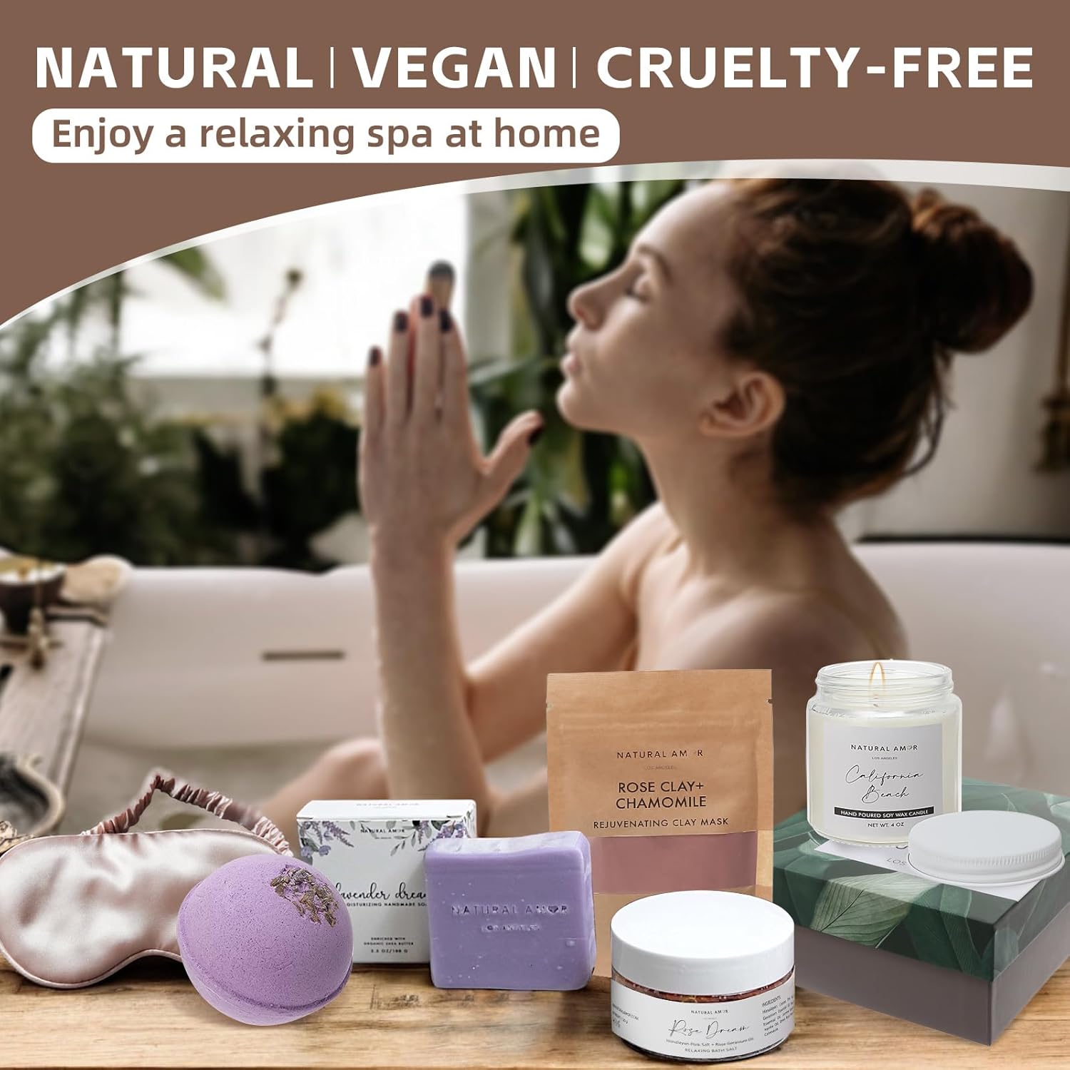 Natural Amor Handmade Spa Gift Set 6 pcs– Includes Citrus Bath Bomb, Lavender Hand Cream, Soap, Bath Salt, Candle – Relaxing Self-Care Kit for Women