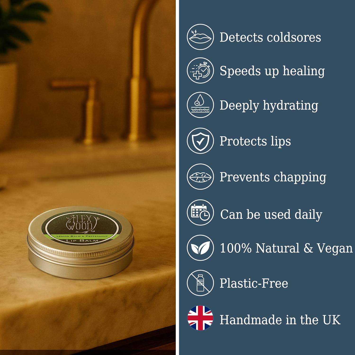 The Ilex Wood - All Natural Lip Balm - Lemon Balm and Peppermint - Cold Sore Treatment for Lips, Palm Oil Free, Cruelty Free, Plastic Free, Moisturising Lip Balm, Handcrafted - 10ml (0.34 fl oz)