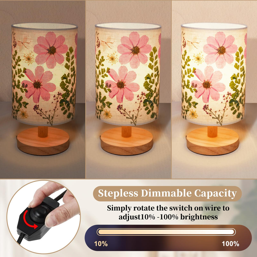 Dried Flowers Small Table Lamp 5W LED 3-Color Bedside Lamp Pressed Flowers Lampshade with Wood Base for Bedroom Living Room Desk Nursery