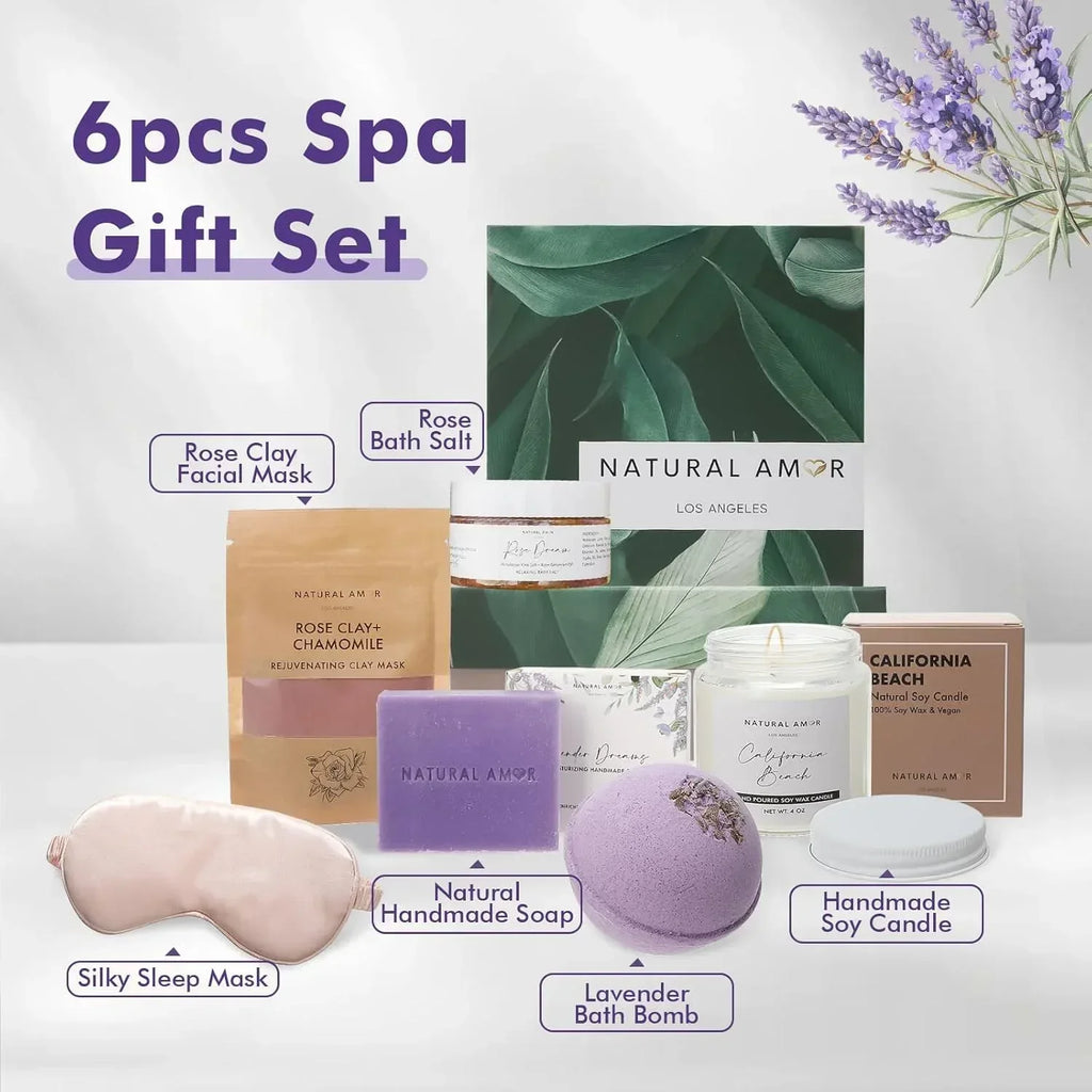 Natural Amor Handmade Spa Gift Set 6 pcs– Includes Citrus Bath Bomb, Lavender Hand Cream, Soap, Bath Salt, Candle – Relaxing Self-Care Kit for Women - Handmade Lifestyle Shop