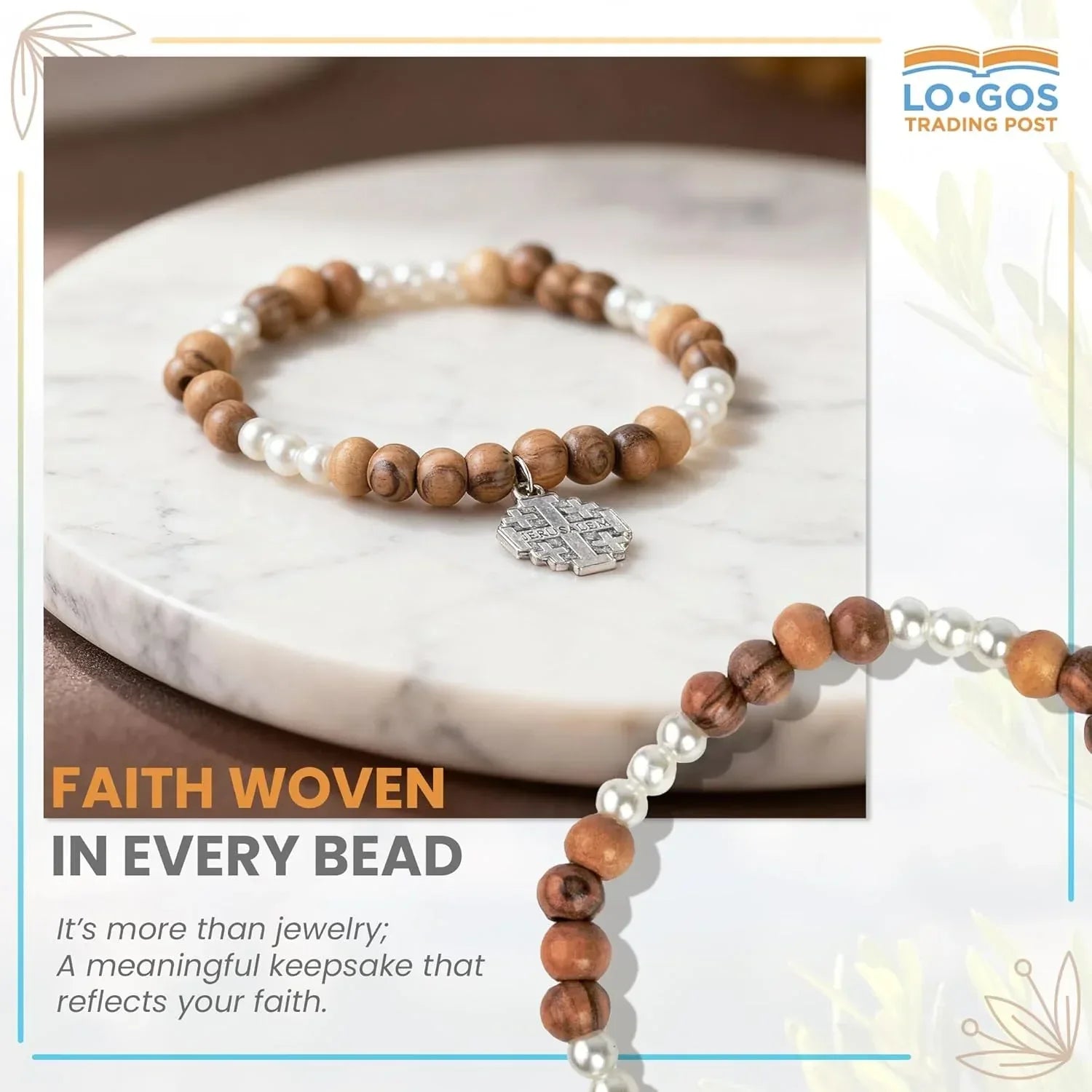 Handcrafted Olive Wood & White Bead Bracelet With Cross – Silver-Plated Jerusalem Cross Dangle – The Holy Land of Bethlehem Gifts – Unique Catholic Jewelry for Men and Women - Handmade Lifestyle Shop