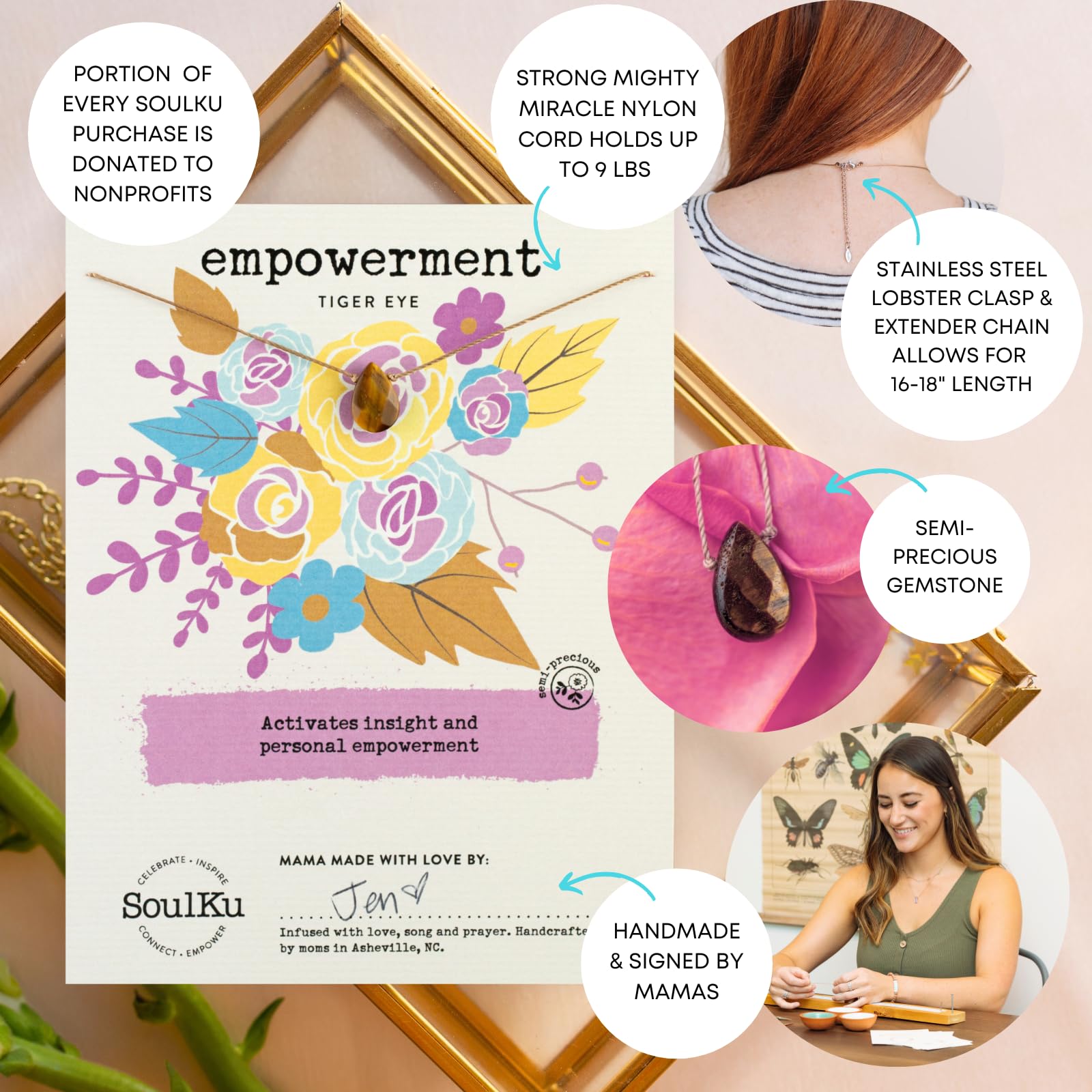 SoulKu Handcrafted Necklace, Empowerment Jewelry With Healing Crystal, Inspirational Jewelry For Women, Mom & Sister Gifts, 2" Extender With Lobster Clasp, 16" Nylon Cord