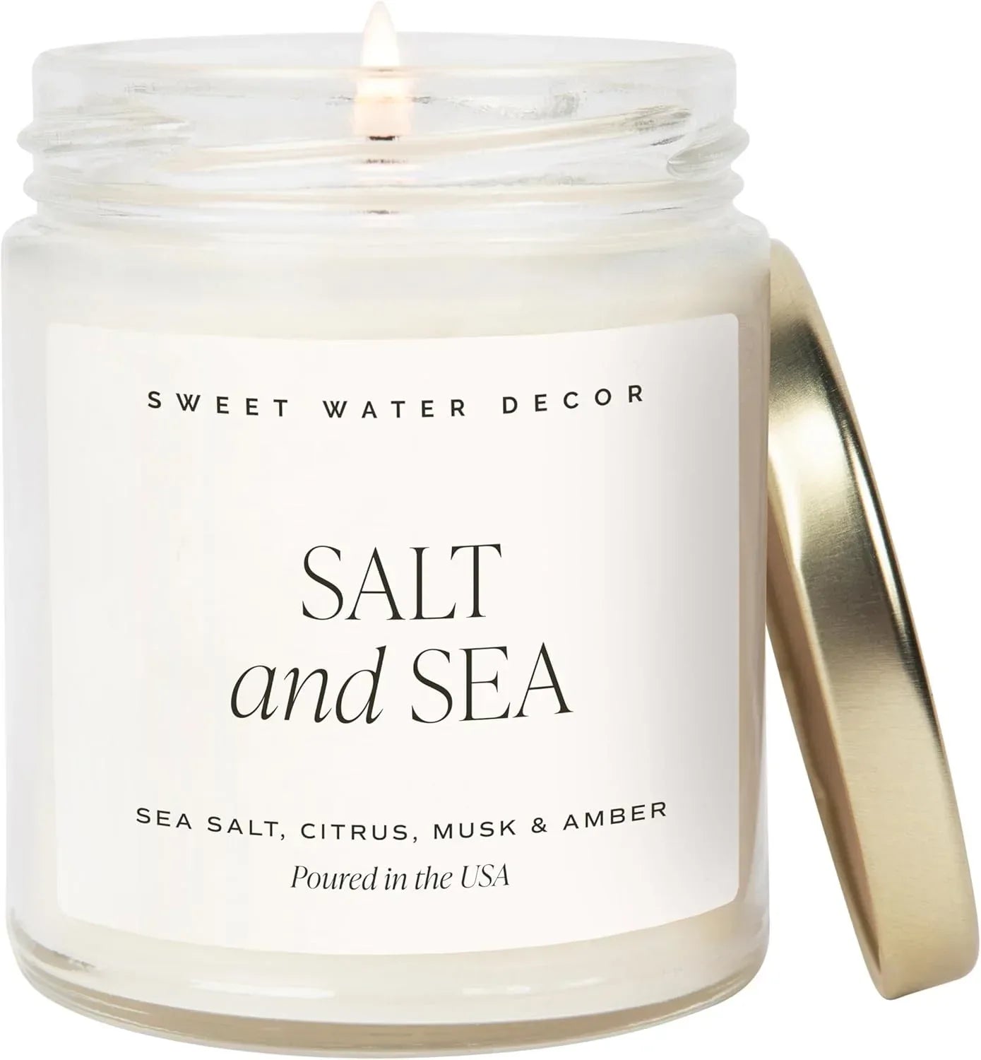 Sweet Water Decor Salt and Sea Candle - Sea Salt, Citrus, Amber, Musk, Beach Scented Soy Candles for Home - Coastal Decor for Beach Lovers - 9oz Clear Jar, 40 Hour Burn Time, Made in The USA - Handmade Lifestyle Shop