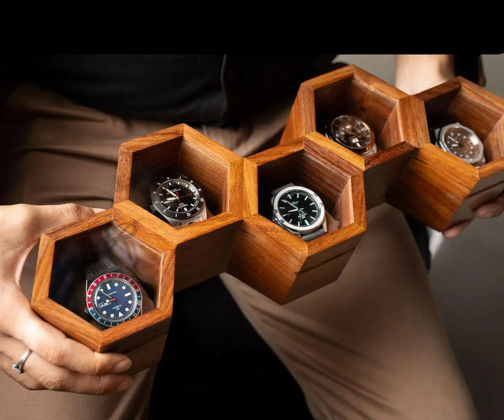Premium 7-Slot Wooden Timepiece Display Case – Handcrafted Honeycomb Watch Box for Men in Superior Indian Rosewood | Hinged Glass Cover – Father’s Day Gift – Luxury Built to Last - Handmade Lifestyle Shop