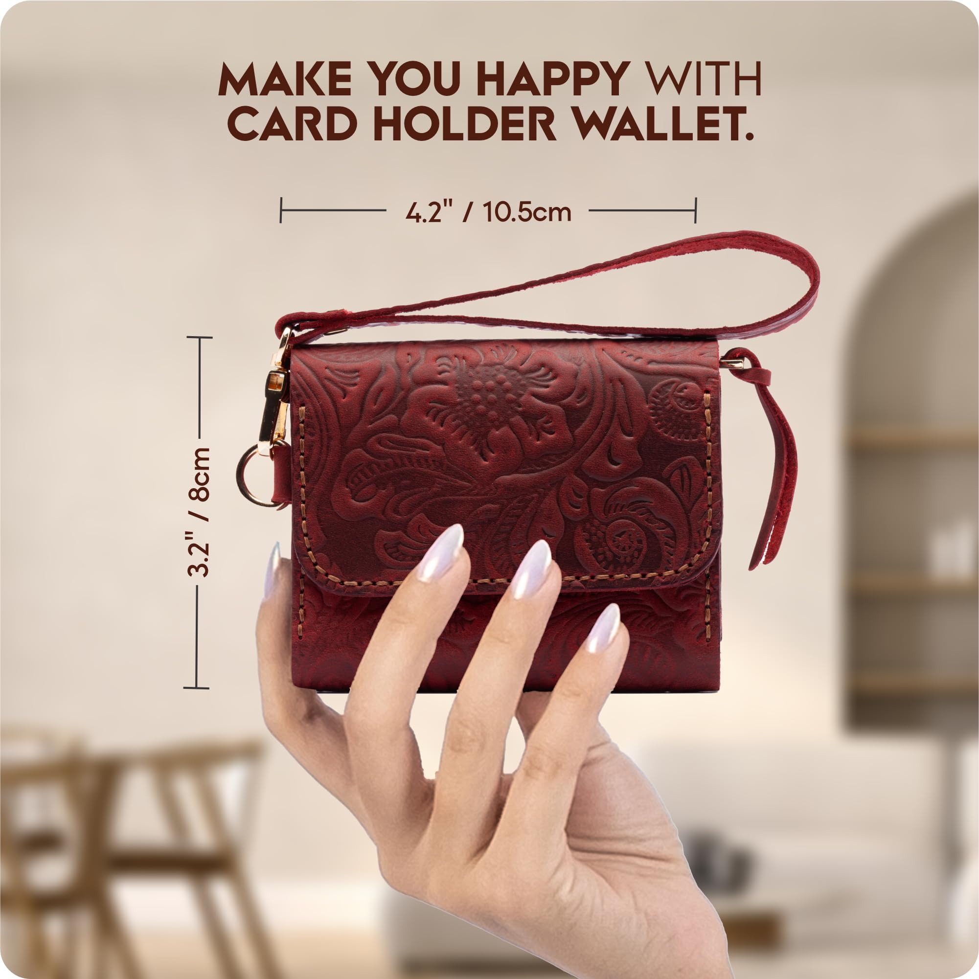 Toros Craft Handmade Wristlet Wallets for Women, Western Floral Leather Small Credit Card Holder with Zipper, Minimalist & Cute Coin Pouch, Genuine Leather, Dark Brown