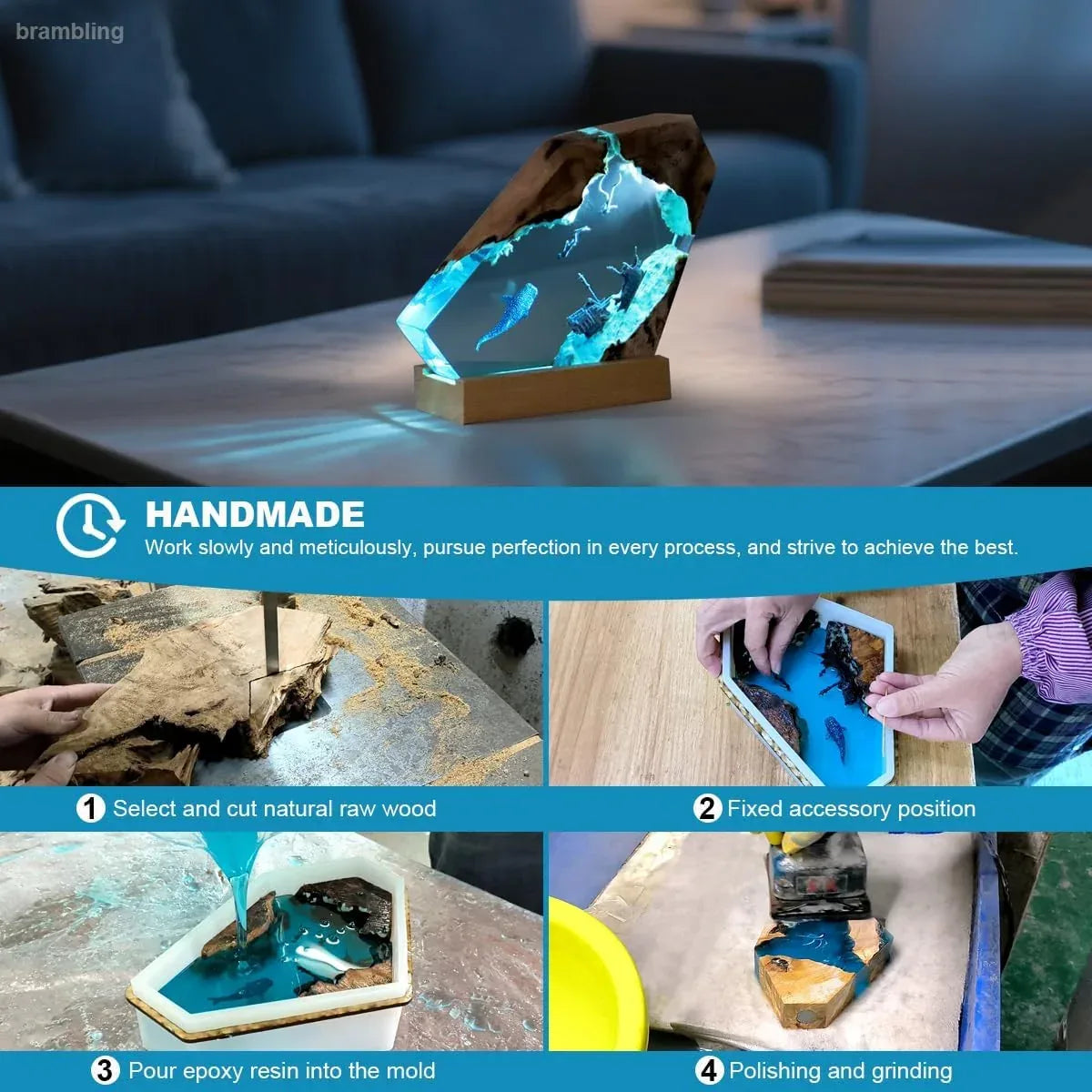 Handmade Ocean Resin Night Light Whale-Diver-Pirate Ship Epoxy Resin Ambient Light: Non-Stringy, Bubble-Free, High-Trans Night Light for Home Decor & Valentine's Gift (Whale-Diver-Pirate, 8 inches) - Handmade Lifestyle Shop