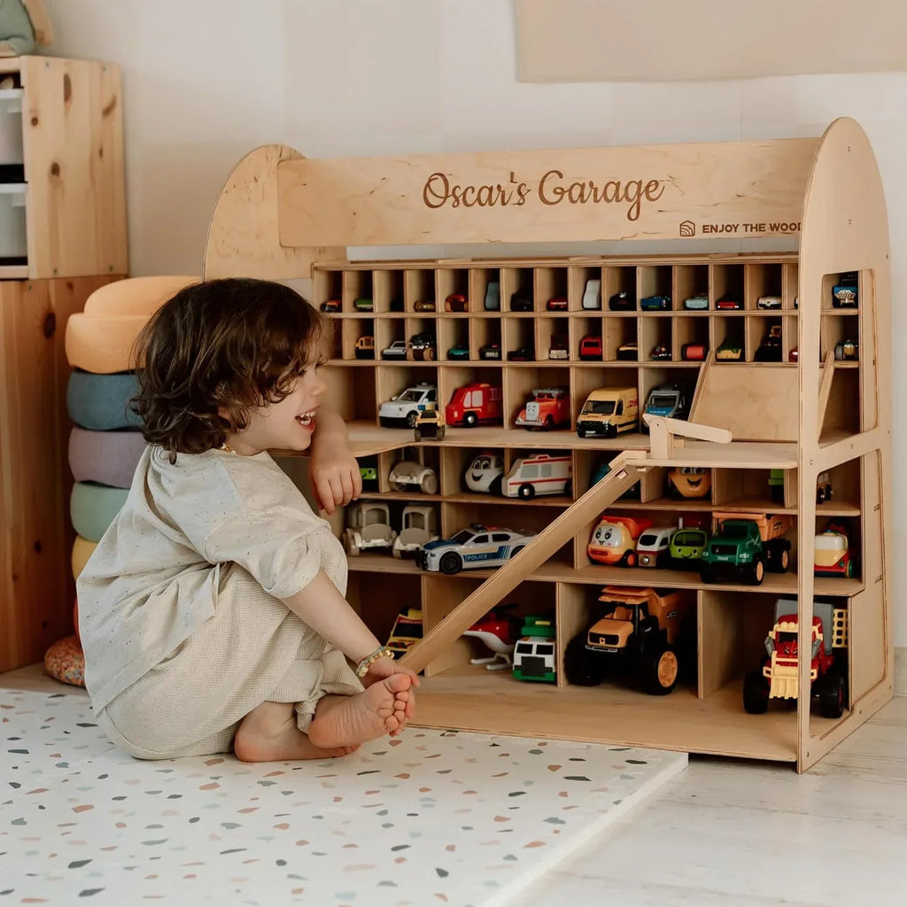 Toy Parking Garage with Elevator Wooden Toy Car Storage Small Car Compatible Gift for Toddlers 1-4 Years Old Organizer Case Shelf for Mini Toy Cars (Big, Natural) - Handmade Lifestyle Shop