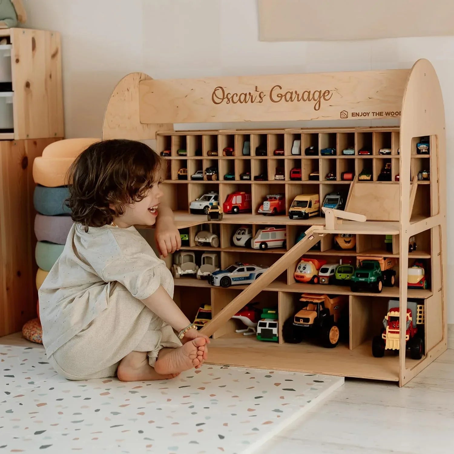 Toy Parking Garage with Elevator Wooden Toy Car Storage Small Car Compatible Gift for Toddlers 1-4 Years Old Organizer Case Shelf for Mini Toy Cars (Big, Natural) - Handmade Lifestyle Shop