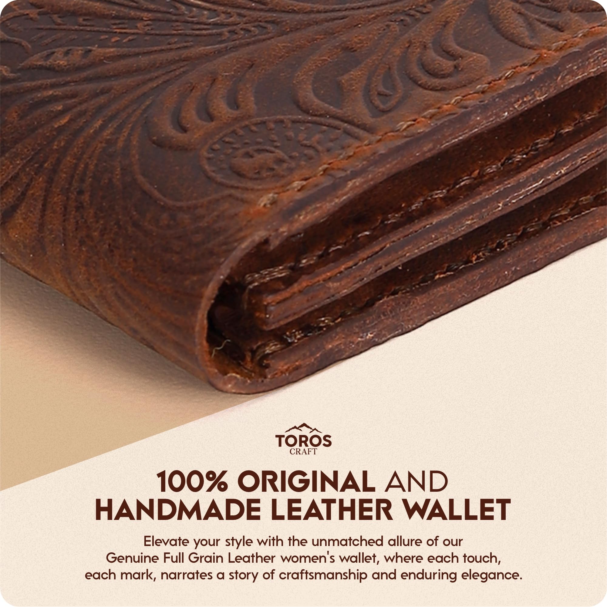 Toros Craft Handmade Wristlet Wallets for Women, Western Floral Leather Small Credit Card Holder with Zipper, Minimalist & Cute Coin Pouch, Genuine Leather, Dark Brown