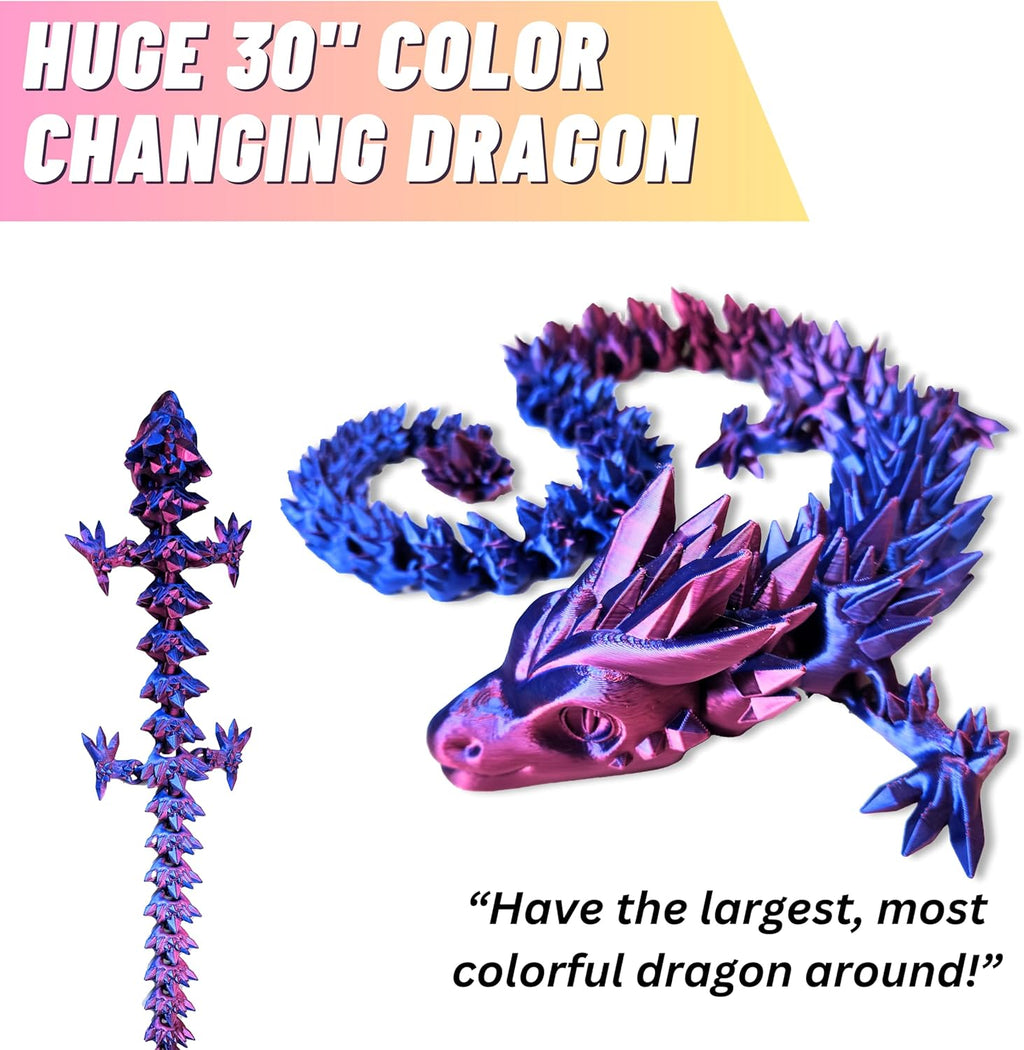 20" Articulated 3D Printed Dragon – Color-Changing Fidget Figurine, Mythical Figure, Made in USA, 3D Printed Toys - Valentines Day Gift for Boys and Girls (Rainbow with Blue Egg)