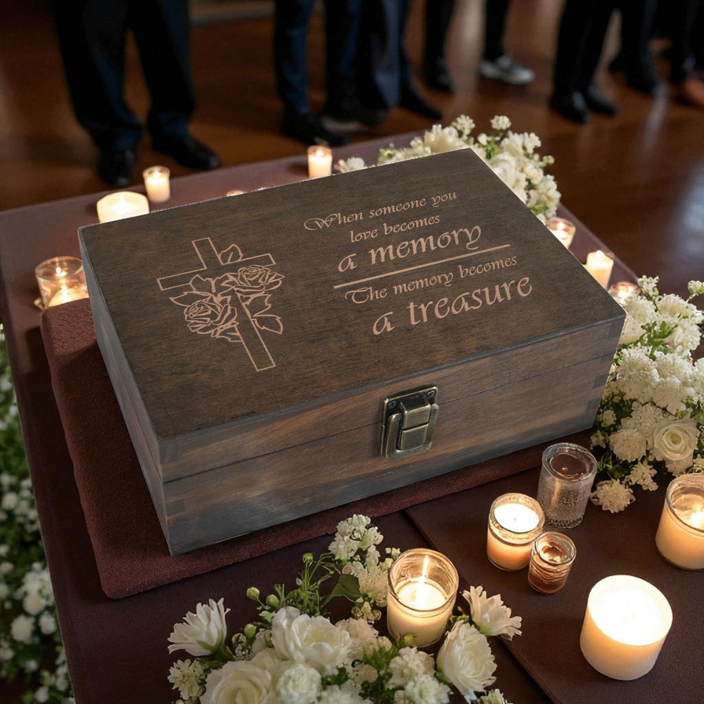 Engraved Memorial Memory Box – Wooden Keepsake Box for Loss of Loved One or Pet – Sympathy Gift – Medium Size – Dark Walnut Finish – 8.5 x 6 x 3 in