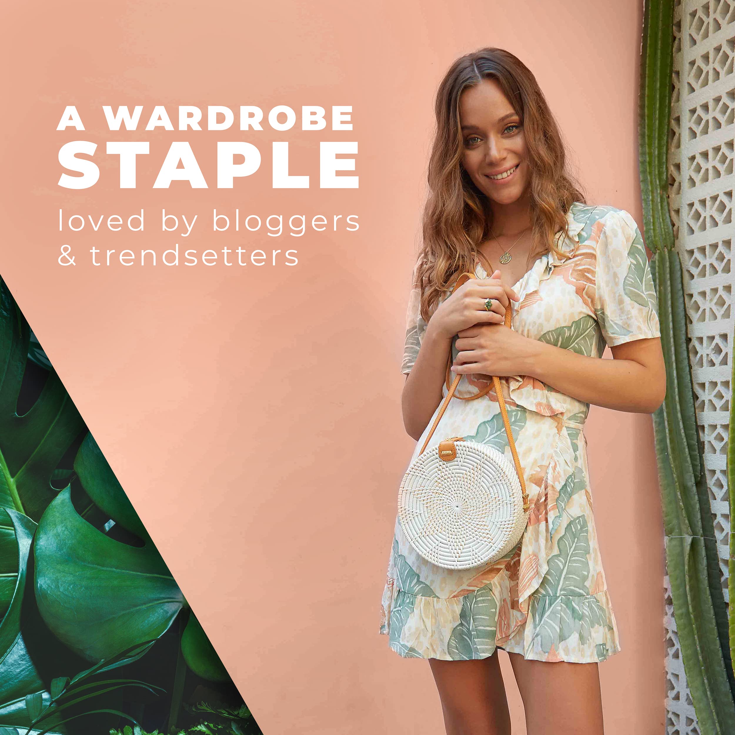 Novum Crafts Round Rattan Bag for Women - Handmade Straw Bags - Wicker Purse - Brown White Circle Crossbody Boho Bags