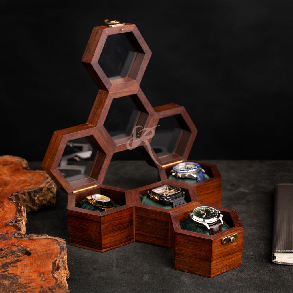 Premium 7-Slot Wooden Timepiece Display Case – Handcrafted Honeycomb Watch Box for Men in Superior Indian Rosewood | Hinged Glass Cover – Father’s Day Gift – Luxury Built to Last