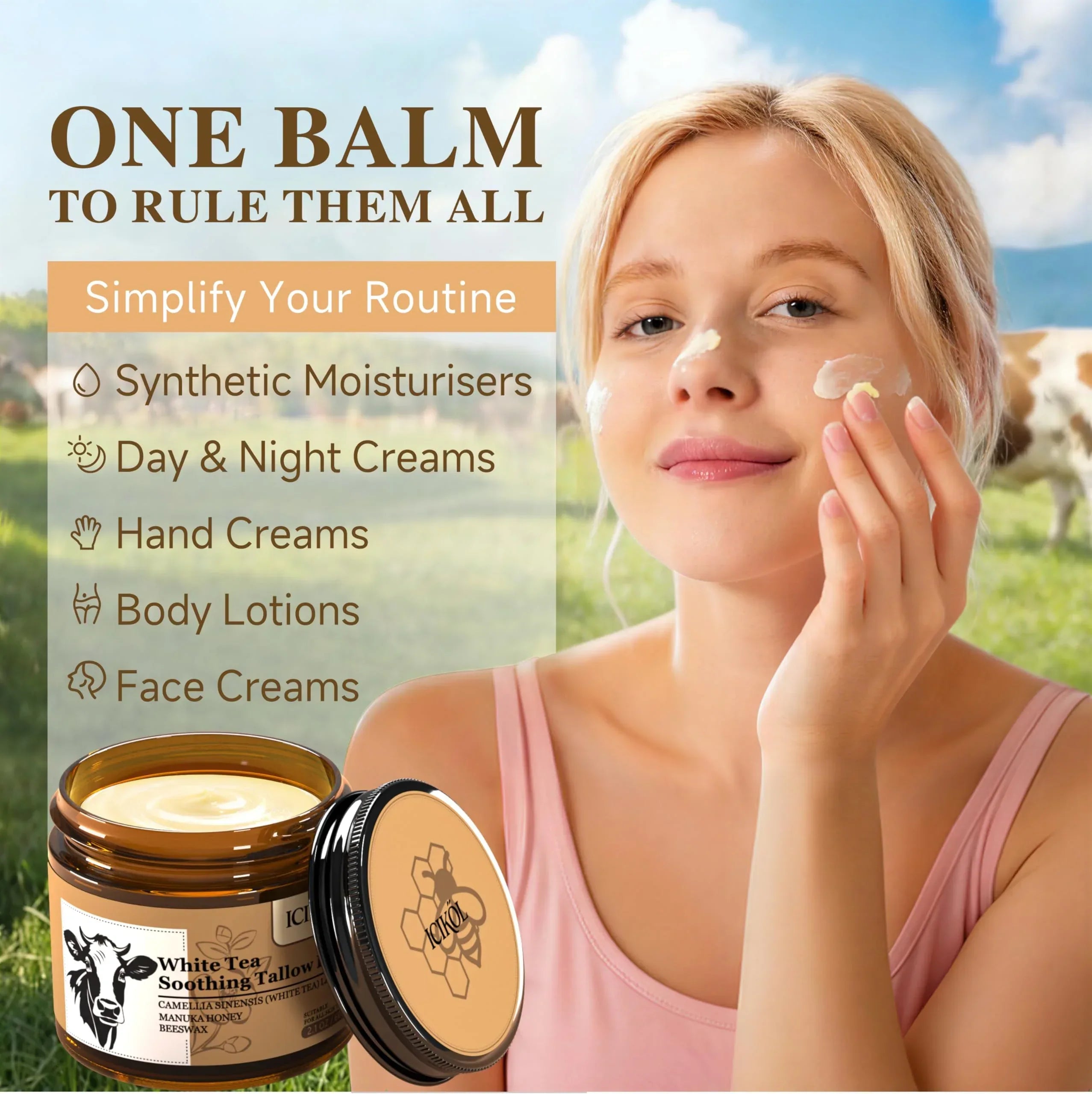 Beef Tallow Honey Balm, Grass-Fed Tallow Moisturizer for Face and Body, Deep Hydration Cream with White Tea Scent, Handmade Natural Skin Nourishment, 2.1 oz - Handmade Lifestyle Shop