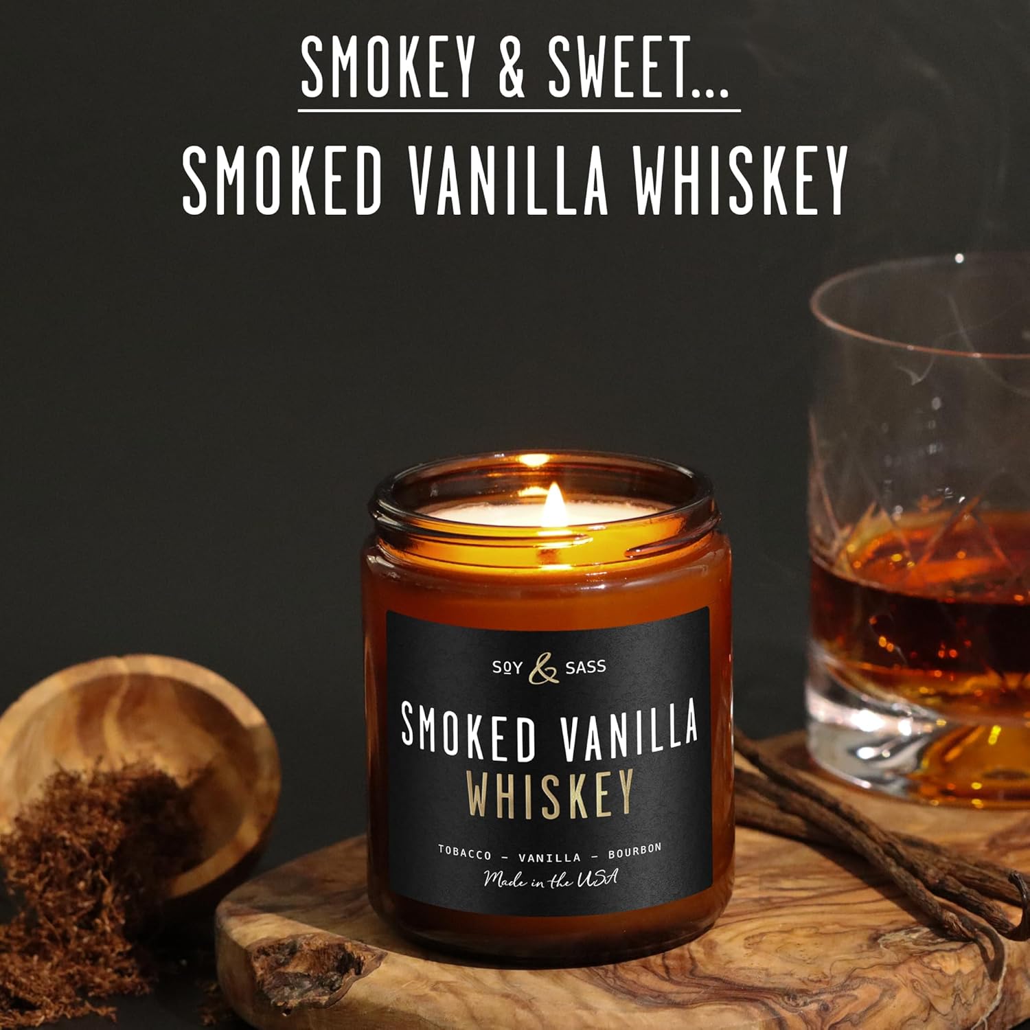 Smoked Vanilla Whiskey Candle - Scented Black Candles for Men or Women - Bourbon, Tobacco & Caramel Soy Wax Mens Candle - Infused w/Essential Oils | Long 50Hr Burn,9oz I Non Toxic I Made in USA