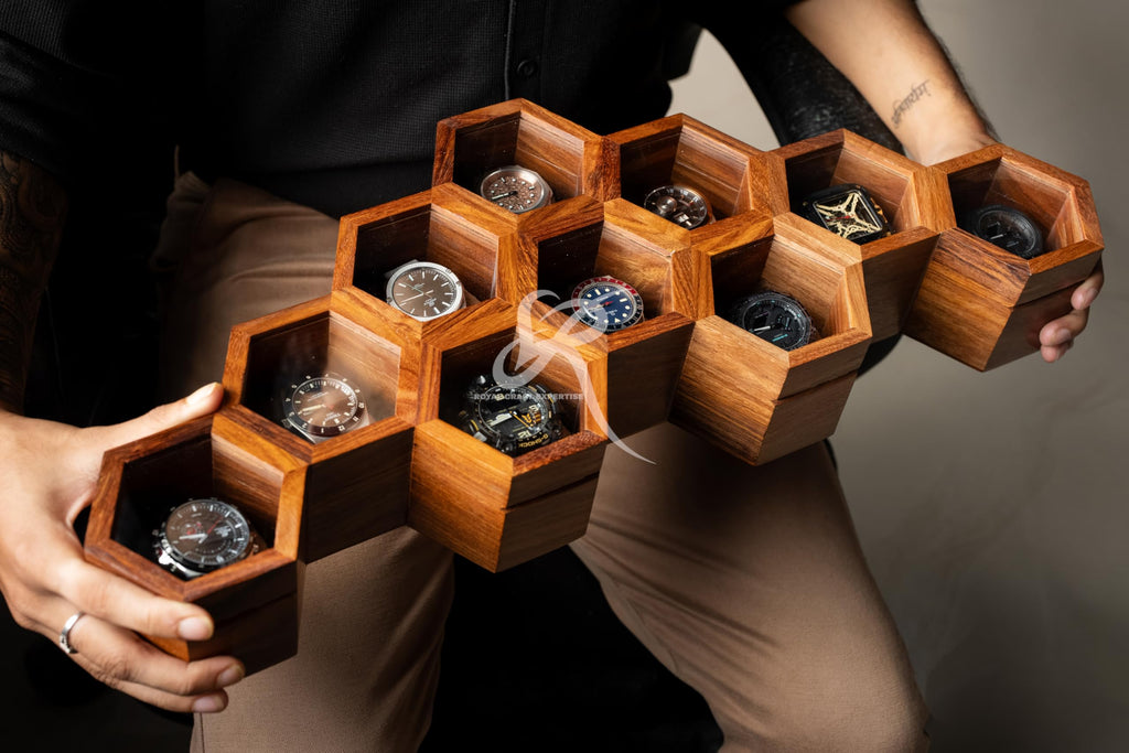 Premium 7-Slot Wooden Timepiece Display Case – Handcrafted Honeycomb Watch Box for Men in Superior Indian Rosewood | Hinged Glass Cover – Father’s Day Gift – Luxury Built to Last