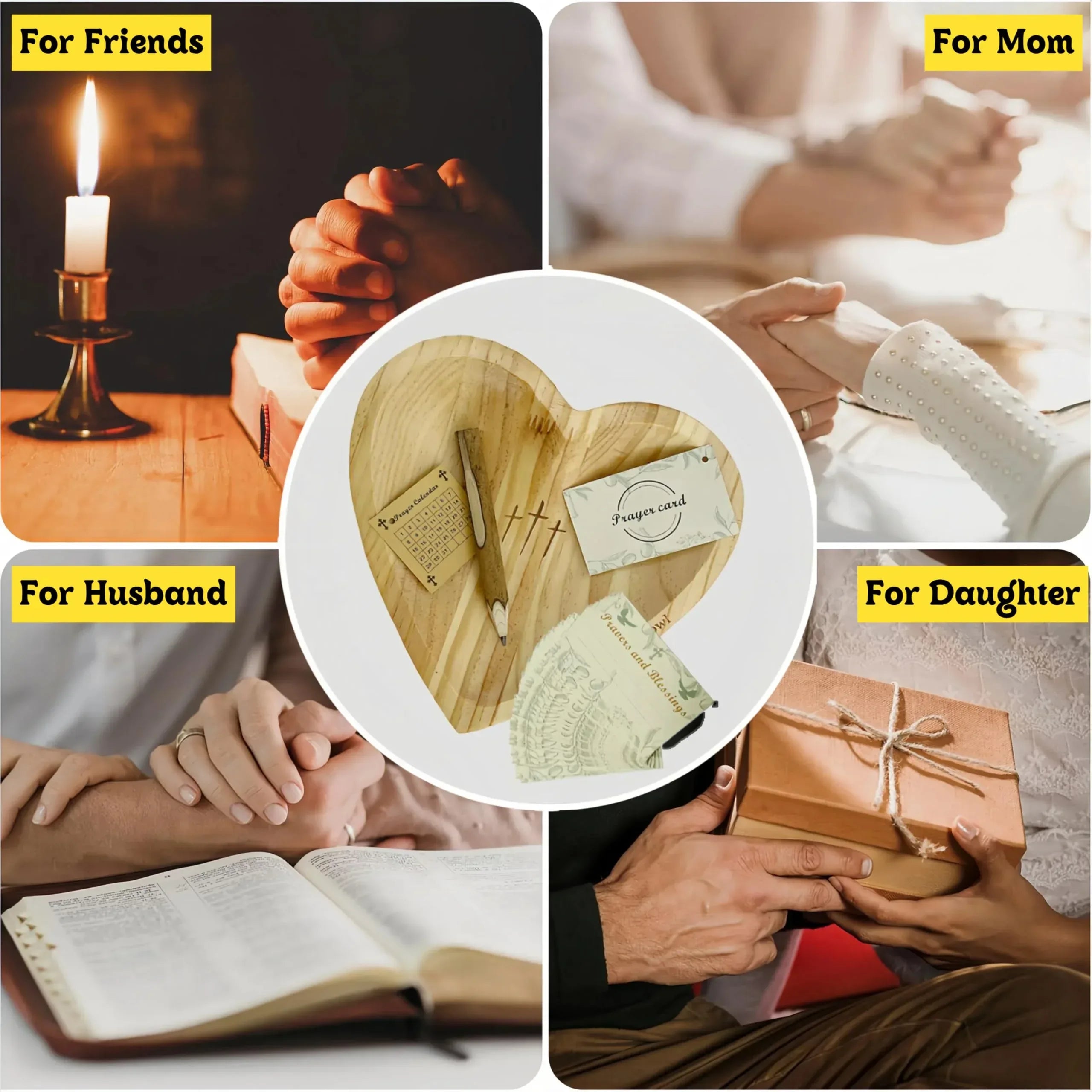 Heart Prayer Bowl with 30 Cards, Meaningful Gift for Friend, Handcrafted Wooden Bowl with Cross, Christian Decor, Religious Gift for Women, Mom, Dad, Daughter, or Husband, Perfect for Easter - Handmade Lifestyle Shop