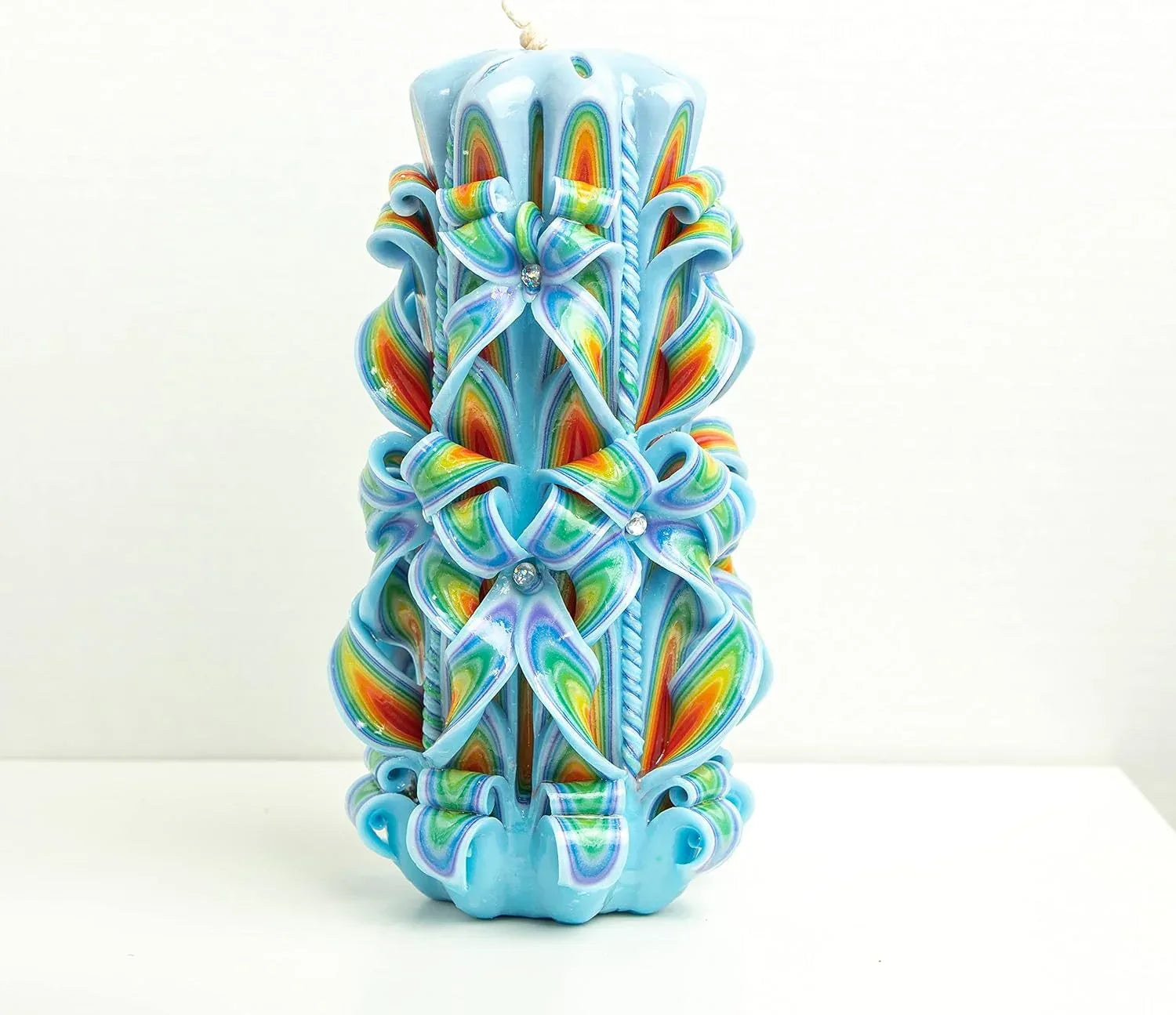 Carved Candle Artisan Handmade Decorative Dipped Candle 9 inch Blue Red Fall Valentine's Day Holiday Seasonal Gift for Mom Home Accent - Peacock - Handmade Lifestyle Shop