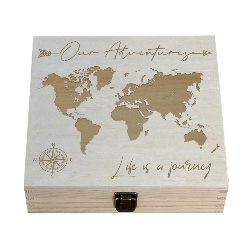 Dark Walnut Wooden Keepsake Box Our Adventures - 8.5x6x3in, Ideal for 5th Anniversary, Elegant Memory Box for Couples, Travel-Themed Storage