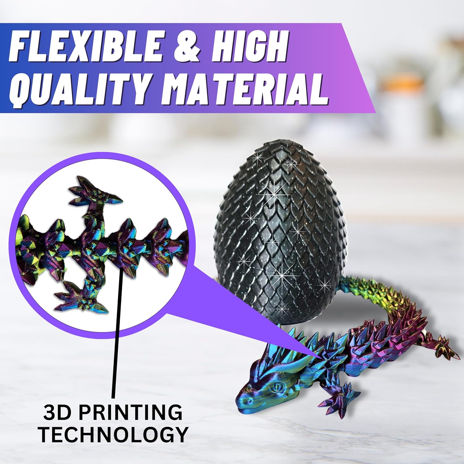 20" Articulated 3D Printed Dragon – Color-Changing Fidget Figurine, Mythical Figure, Made in USA, 3D Printed Toys - Valentines Day Gift for Boys and Girls (Rainbow with Blue Egg)