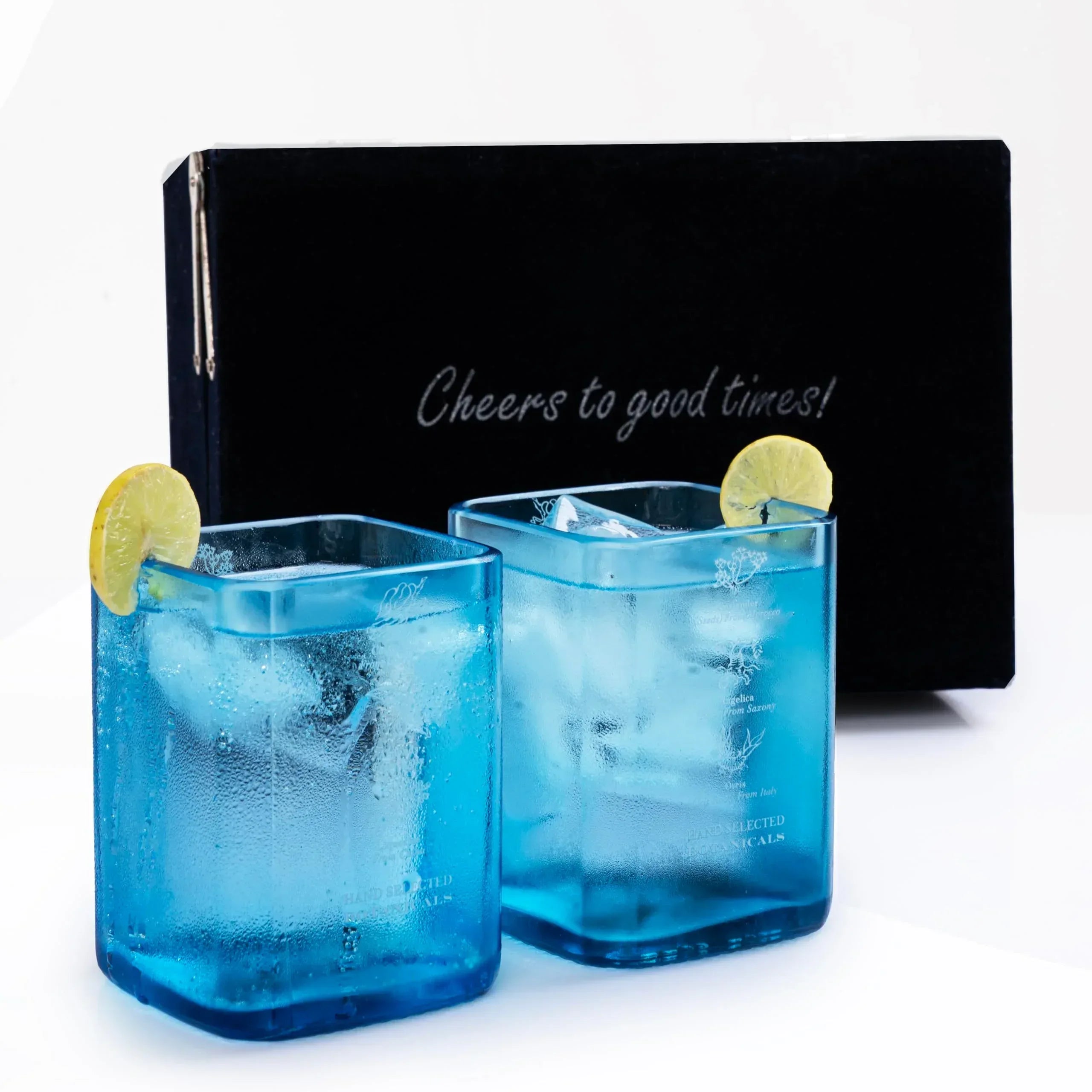 Upcycled Bombay Sapphire Gin Glasses for Drinks - Set of 2 with Velvet Gift Box | Eco-friendly Glassware handcrafted from Gin bottles | Ideal for Gin, Whiskey, Juices, Smoothies, Cocktails - Handmade Lifestyle Shop