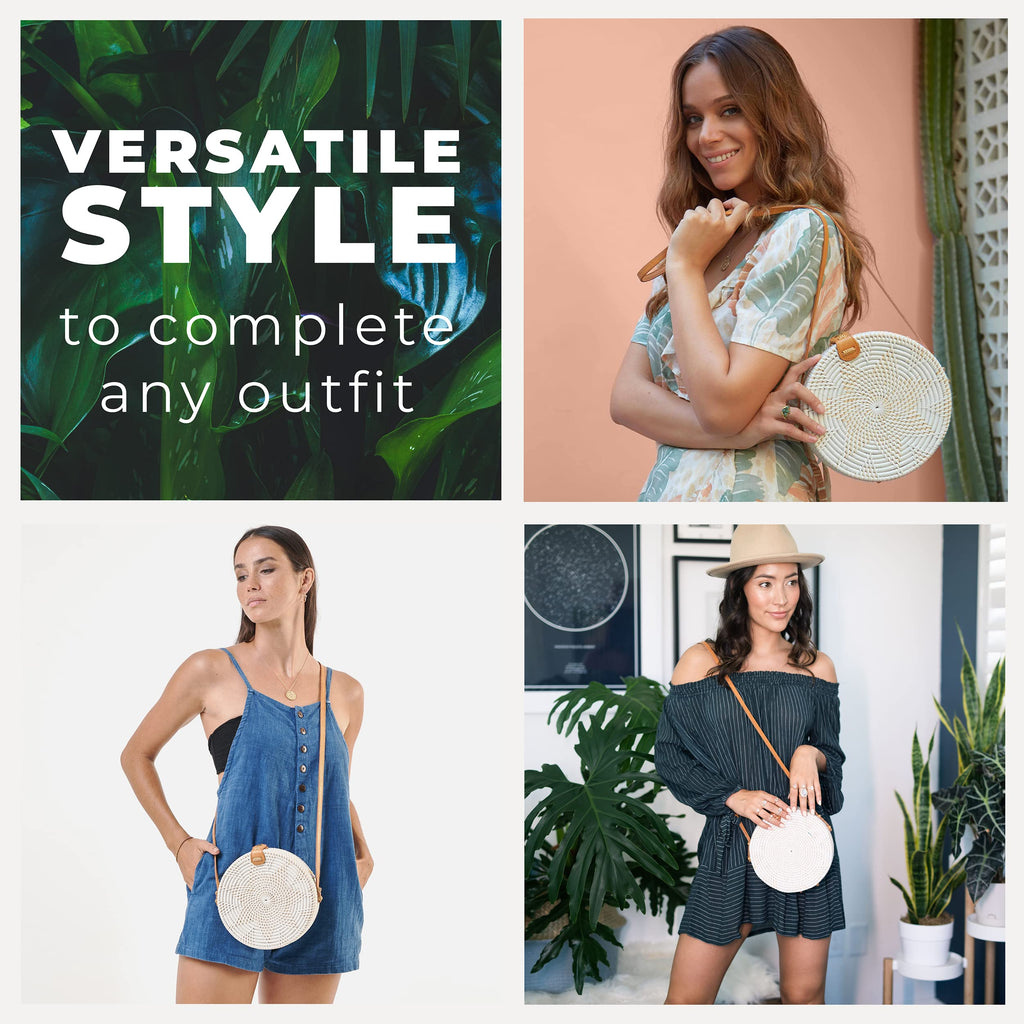 Novum Crafts Round Rattan Bag for Women - Handmade Straw Bags - Wicker Purse - Brown White Circle Crossbody Boho Bags