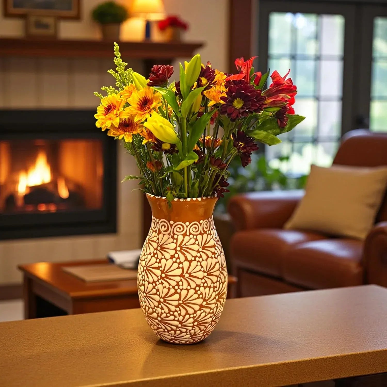 Brown & White Talavera Vase | Handcrafted Relief Pottery - Handmade Lifestyle Shop