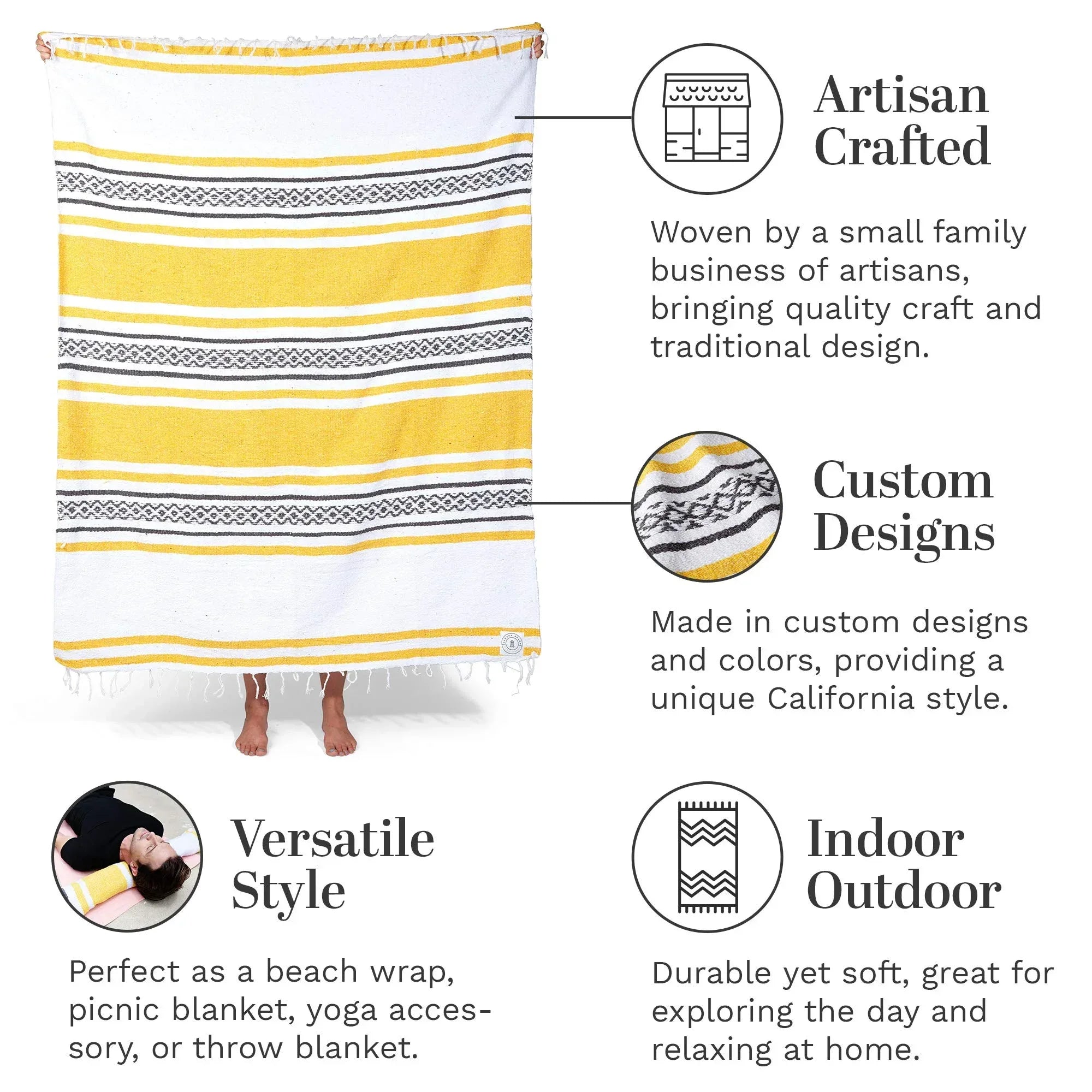 Tan Mexican Blanket by Laguna Beach Textile Co - Beach, Yoga, Camping, or Decorative Throw Blanket - Traditional Handmade Serape - Wheat Sol - Handmade Lifestyle Shop