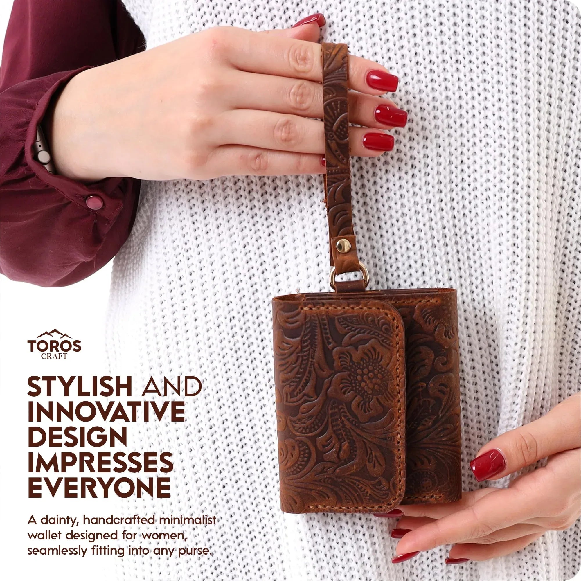 Toros Craft Handmade Wristlet Wallets for Women, Western Floral Leather Small Credit Card Holder with Zipper, Minimalist & Cute Coin Pouch, Genuine Leather, Dark Brown - Handmade Lifestyle Shop