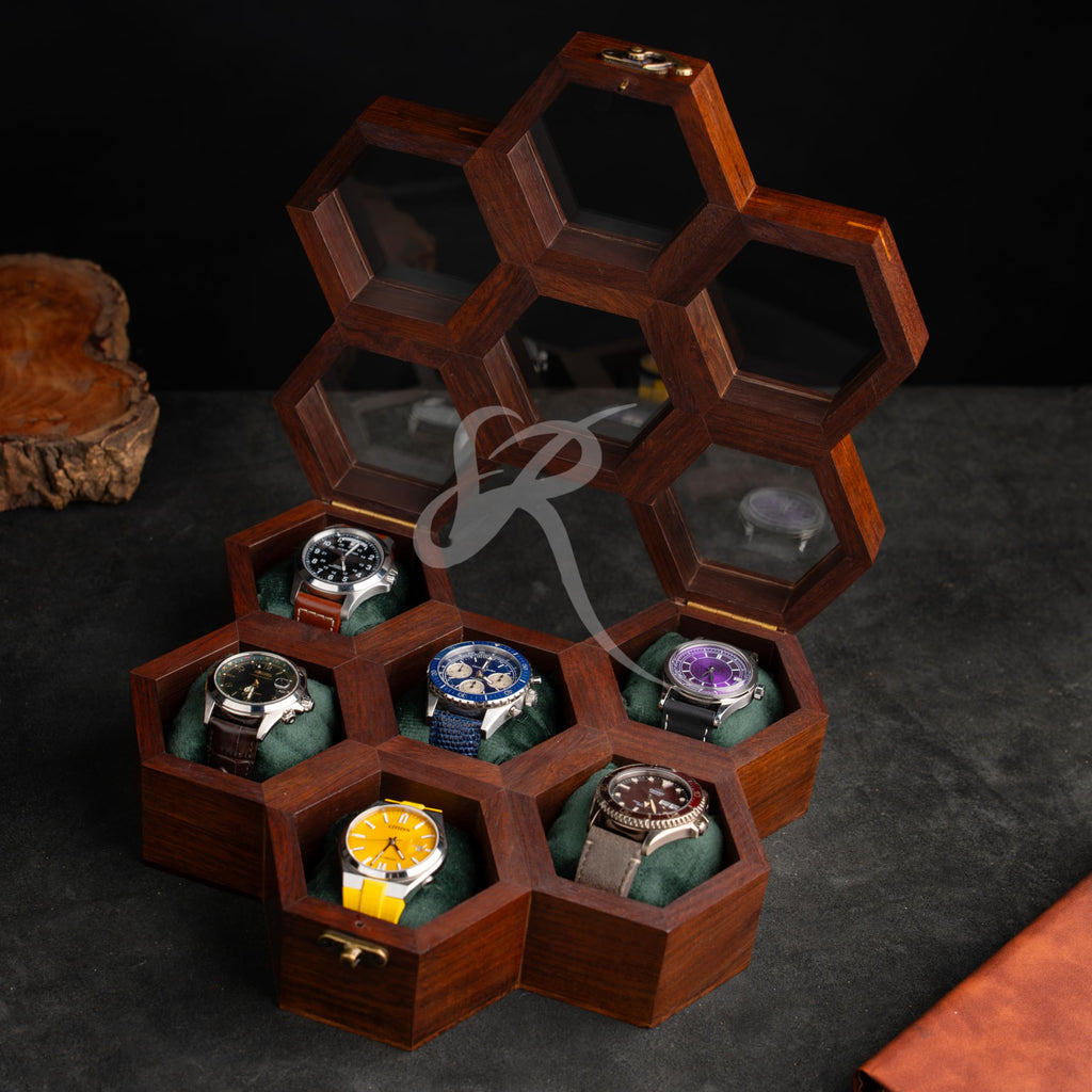 Premium 7-Slot Wooden Timepiece Display Case – Handcrafted Honeycomb Watch Box for Men in Superior Indian Rosewood | Hinged Glass Cover – Father’s Day Gift – Luxury Built to Last
