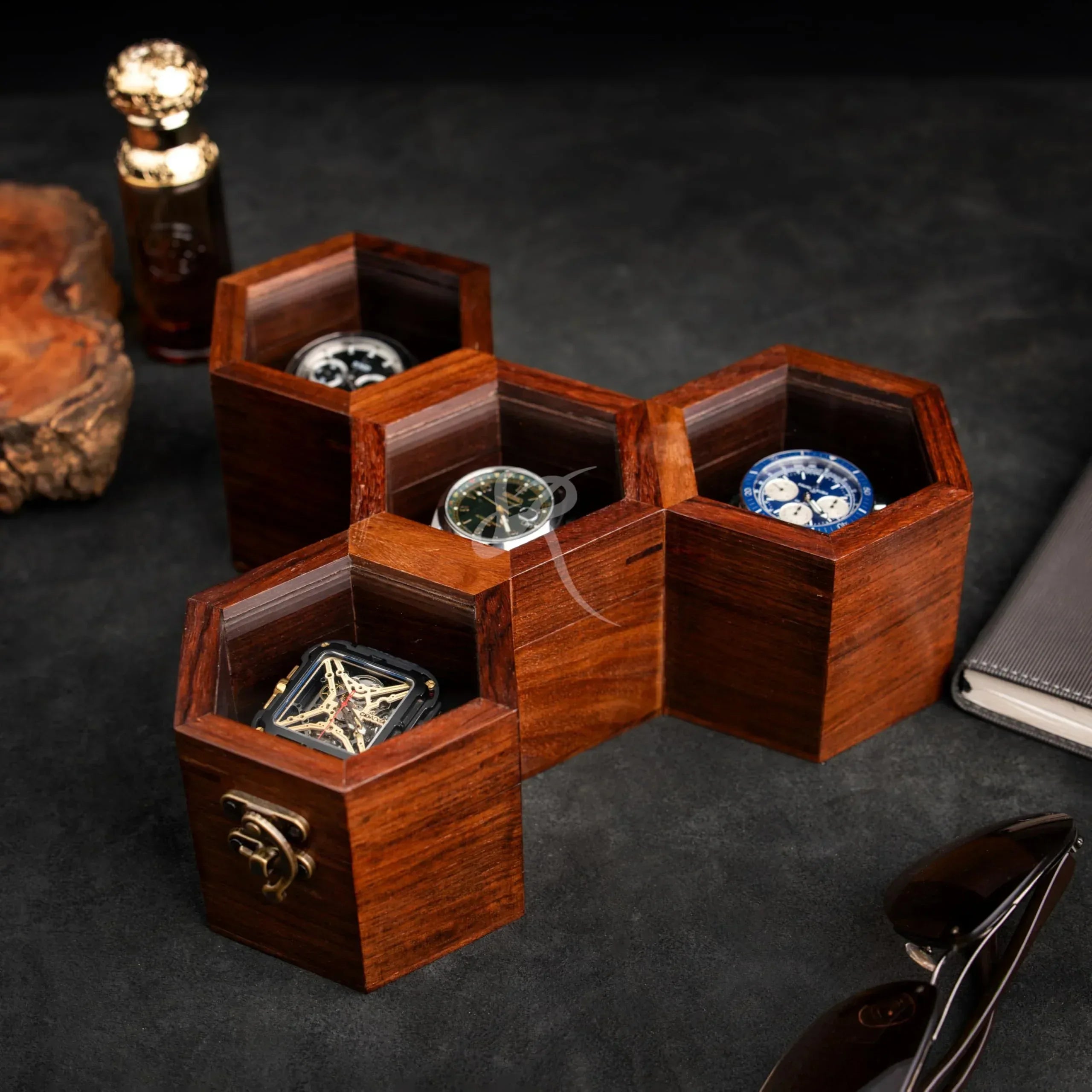 Premium 7-Slot Wooden Timepiece Display Case – Handcrafted Honeycomb Watch Box for Men in Superior Indian Rosewood | Hinged Glass Cover – Father’s Day Gift – Luxury Built to Last - Handmade Lifestyle Shop