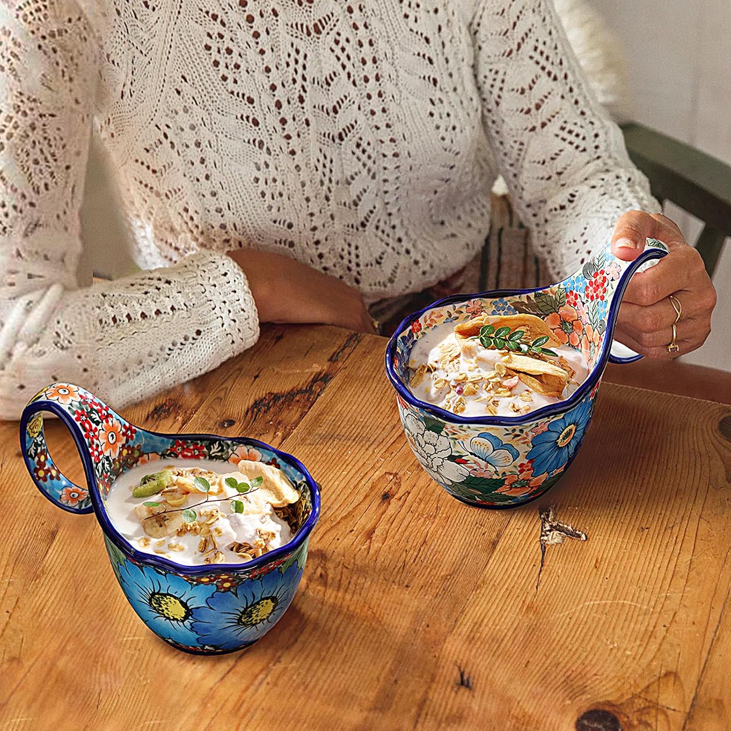 ALMA Handpainted Soup Bowl with Handle, 18.6oz Ceramic Cereal Bowl, Microwave &Dishwasher Safe,Loop Handle Bowl Great for Soup, Chili, Stew, Ice cream