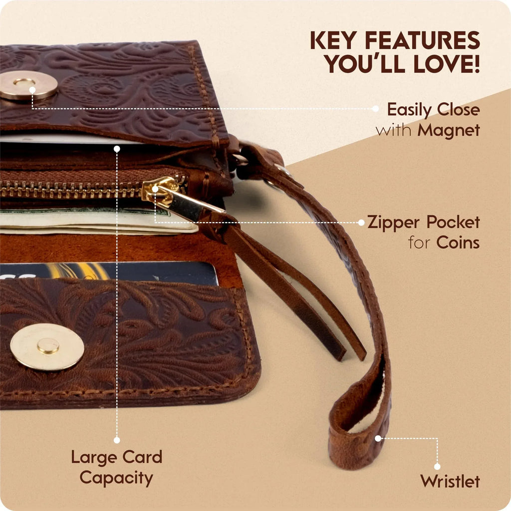 Toros Craft Handmade Wristlet Wallets for Women, Western Floral Leather Small Credit Card Holder with Zipper, Minimalist & Cute Coin Pouch, Genuine Leather, Dark Brown - Handmade Lifestyle Shop