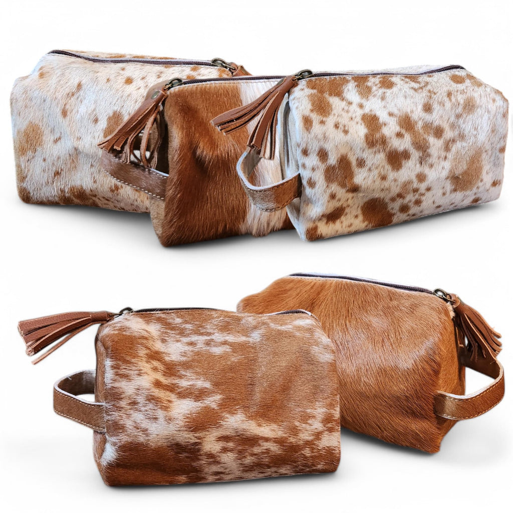 Ranch Junkie Mercantile Genuine Cowhide Handcrafted Cosmetic Pouch Highlands Cowhide Makeup Bag (Caramel Cowhide Mix)