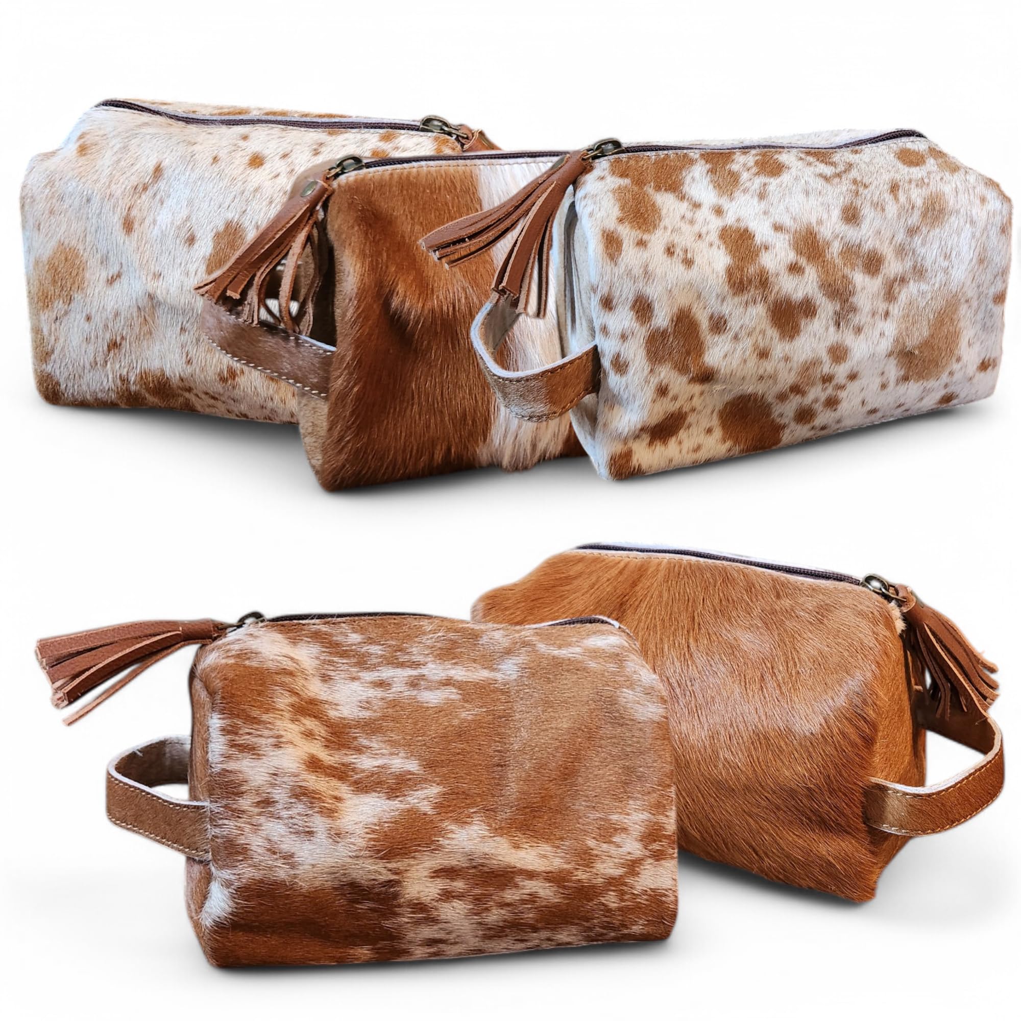 Ranch Junkie Mercantile Genuine Cowhide Handcrafted Cosmetic Pouch Highlands Cowhide Makeup Bag (Caramel Cowhide Mix)