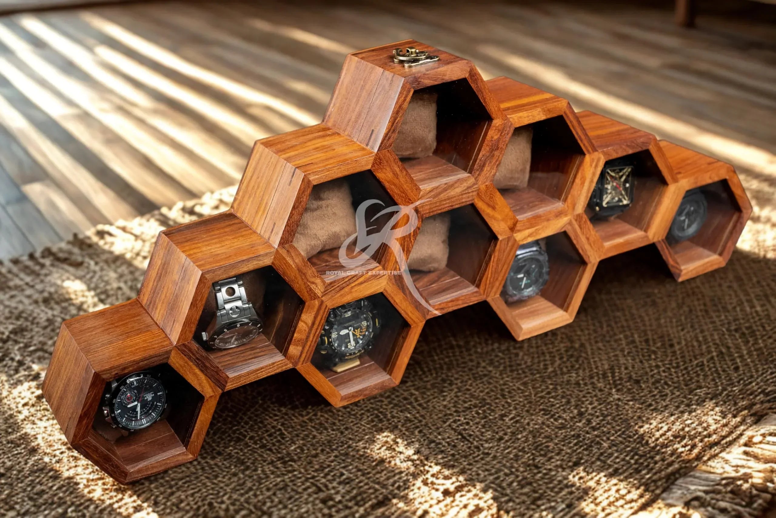 Premium 7-Slot Wooden Timepiece Display Case – Handcrafted Honeycomb Watch Box for Men in Superior Indian Rosewood | Hinged Glass Cover – Father’s Day Gift – Luxury Built to Last - Handmade Lifestyle Shop