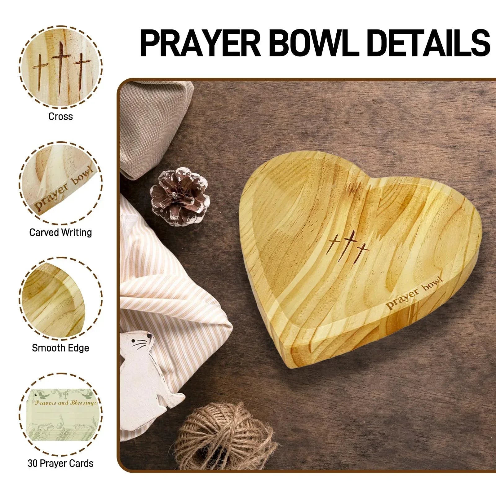 Heart Prayer Bowl with 30 Cards, Meaningful Gift for Friend, Handcrafted Wooden Bowl with Cross, Christian Decor, Religious Gift for Women, Mom, Dad, Daughter, or Husband, Perfect for Easter - Handmade Lifestyle Shop
