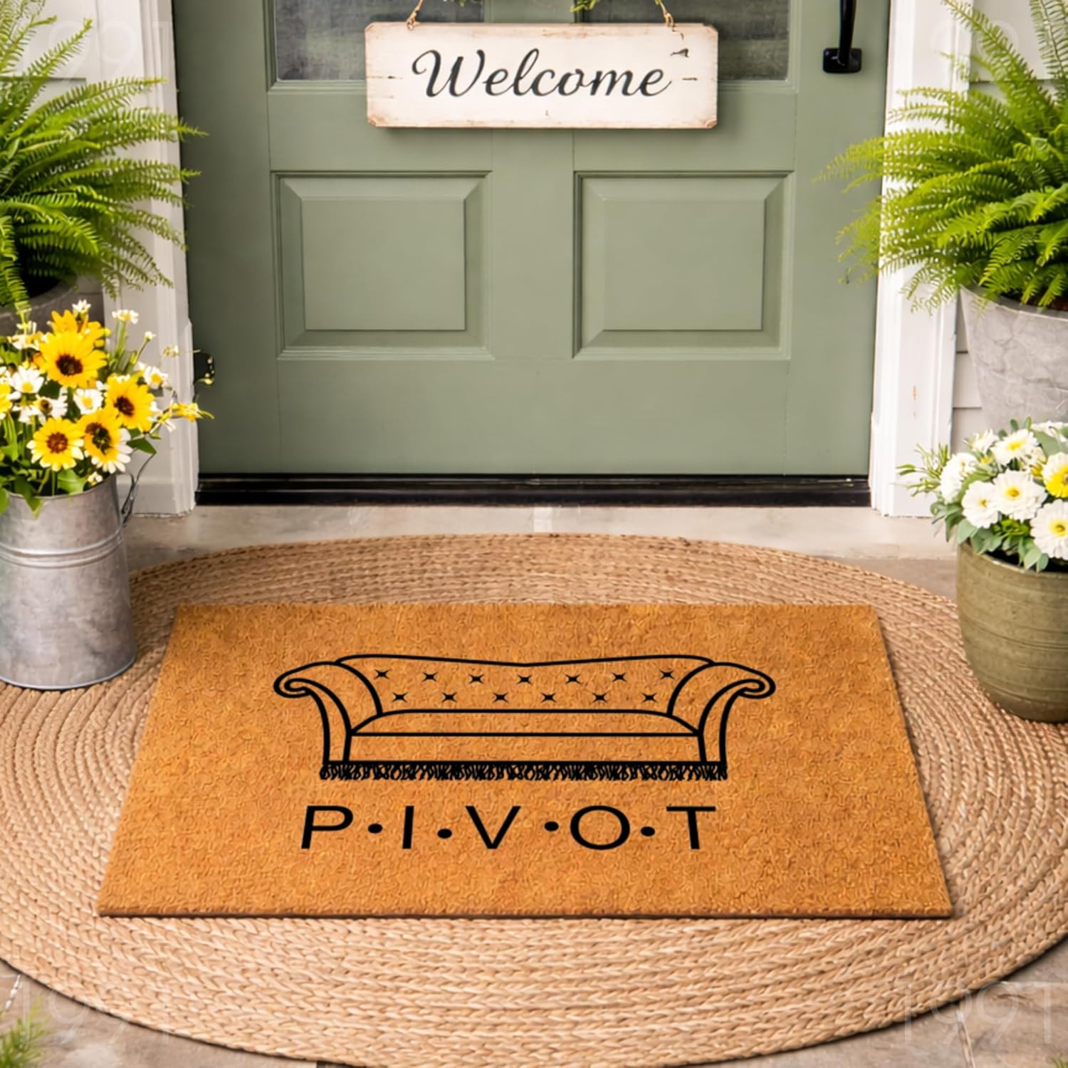 Funny Doormat: P.I.V.O.T. Couch, Friends TV Show Welcome Mat, Great Gift for Friends Fans, New Apartment Gift (36x60) 1991