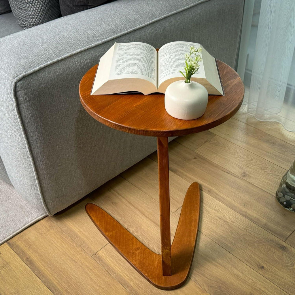 C-Shaped Handmade Solid Wood End Table, Side Table for Couches, Sofa Tables Slide Under Couch for Living Room, Over Couch TV Tray Table for Small Spaces (Medium, Chestnut) - Handmade Lifestyle Shop