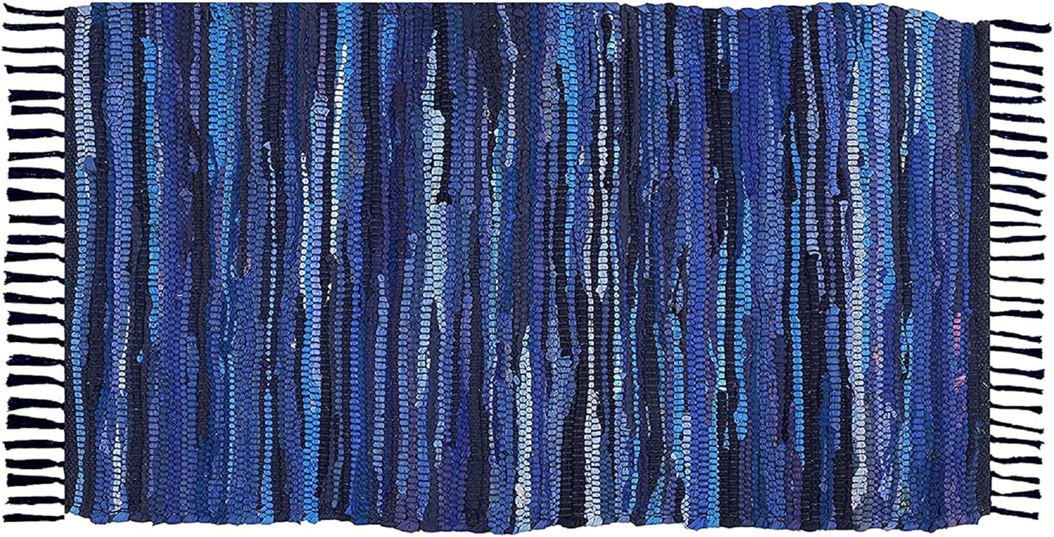 Handmade Cotton Rag Rug 24x36'' | 2x3' Multicolor Area Rugs- Hand Woven Washable & Reversible for Living Room Kitchen Entryway Throw Rug with Tassel (Denim)