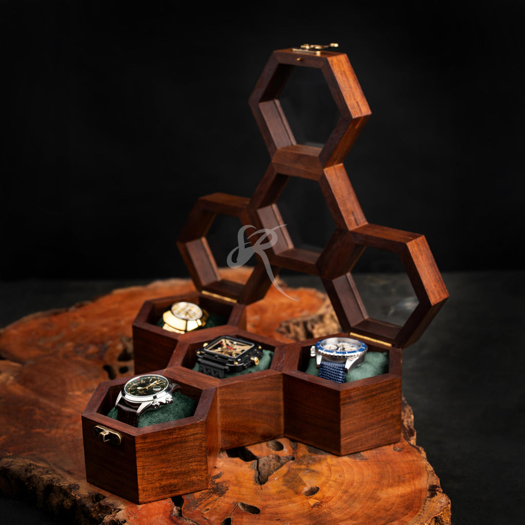 Premium 7-Slot Wooden Timepiece Display Case – Handcrafted Honeycomb Watch Box for Men in Superior Indian Rosewood | Hinged Glass Cover – Father’s Day Gift – Luxury Built to Last
