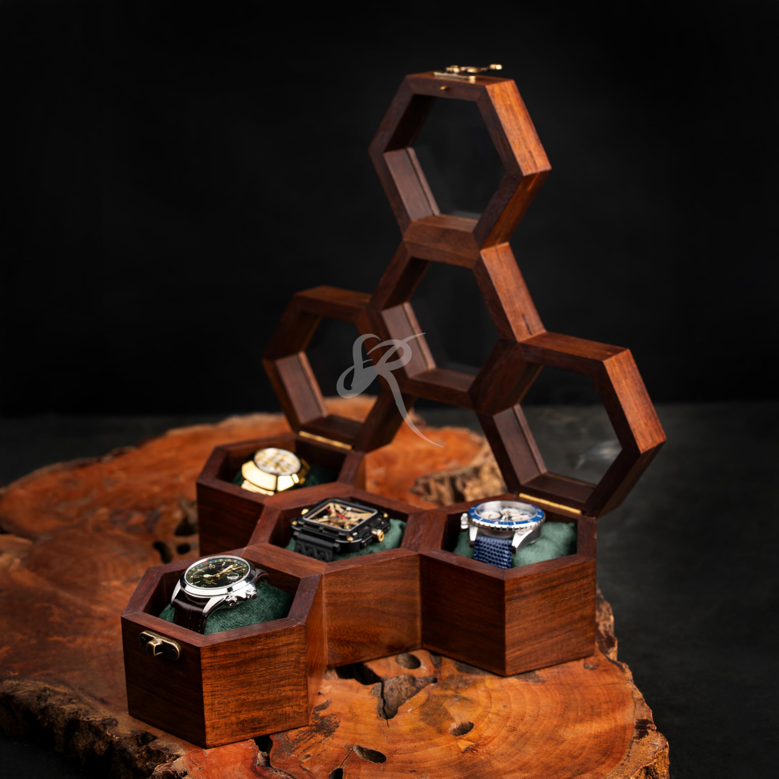 Premium 7-Slot Wooden Timepiece Display Case – Handcrafted Honeycomb Watch Box for Men in Superior Indian Rosewood | Hinged Glass Cover – Father’s Day Gift – Luxury Built to Last