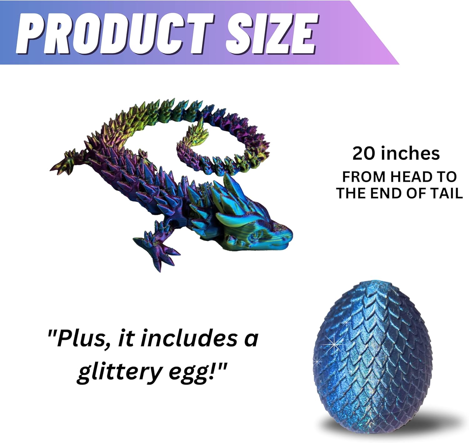 20" Articulated 3D Printed Dragon – Color-Changing Fidget Figurine, Mythical Figure, Made in USA, 3D Printed Toys - Valentines Day Gift for Boys and Girls (Rainbow with Blue Egg)