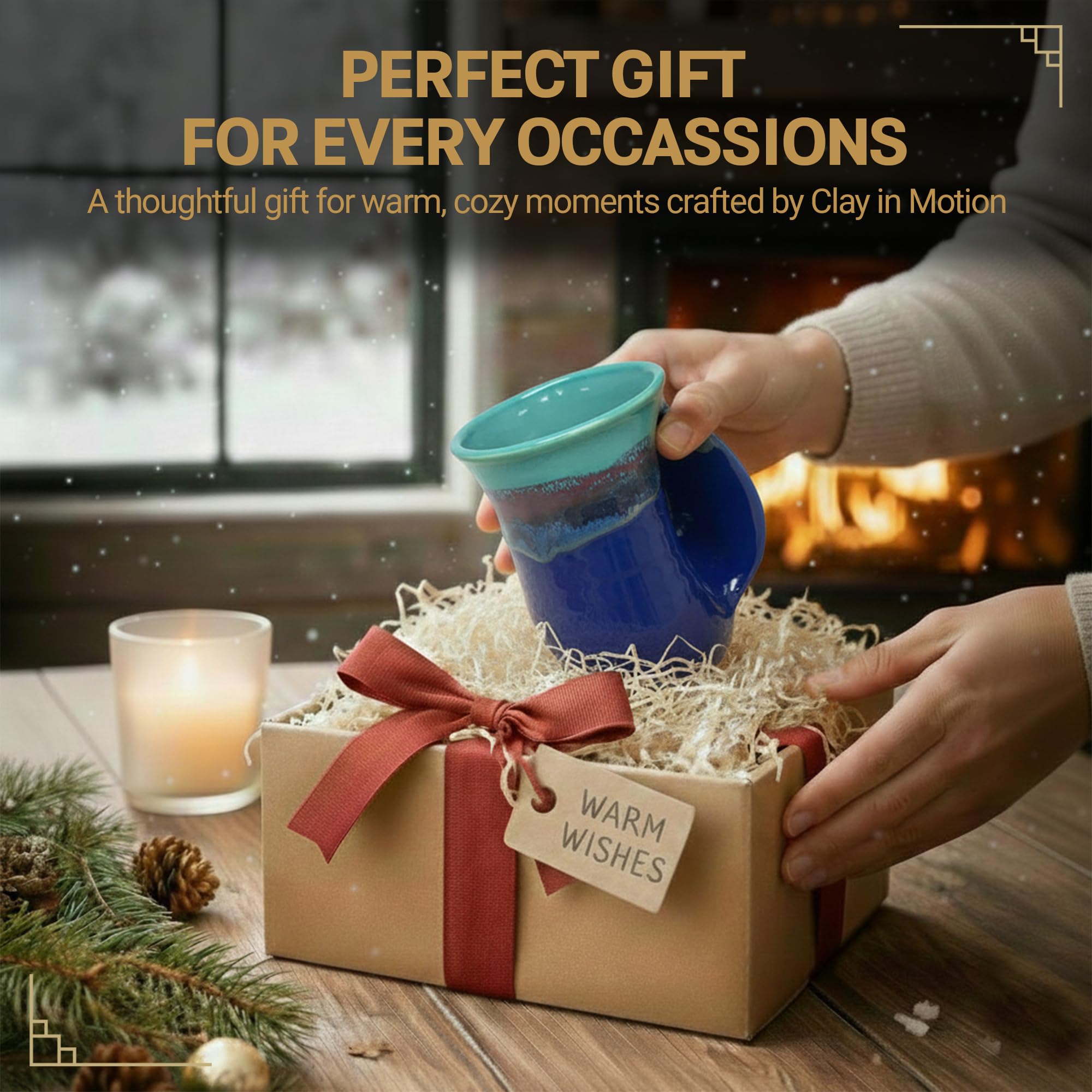 Clay in Motion Hand Warmer Coffee Mug – Handmade Coffee Mug With Comfortable Handle Contoured Pocket Hand Warming Ceramic Coffee Mug – Proudly Made in USA – Right Handed – 14 Oz - Island Oasis